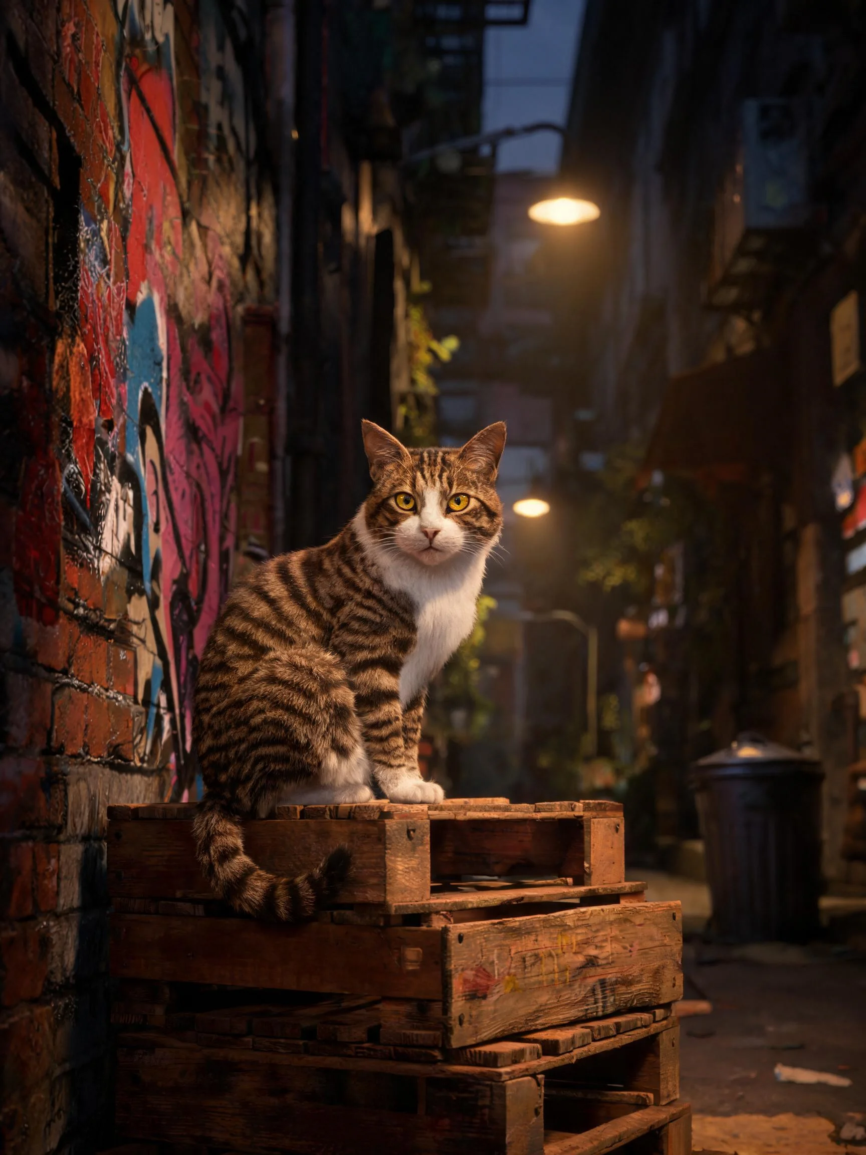 短毛虎斑猫有着棕黑相间的条纹毛发，正安静地坐在木箱顶端，周围是涂鸦装饰的砖墙与昏暗的街道灯光。