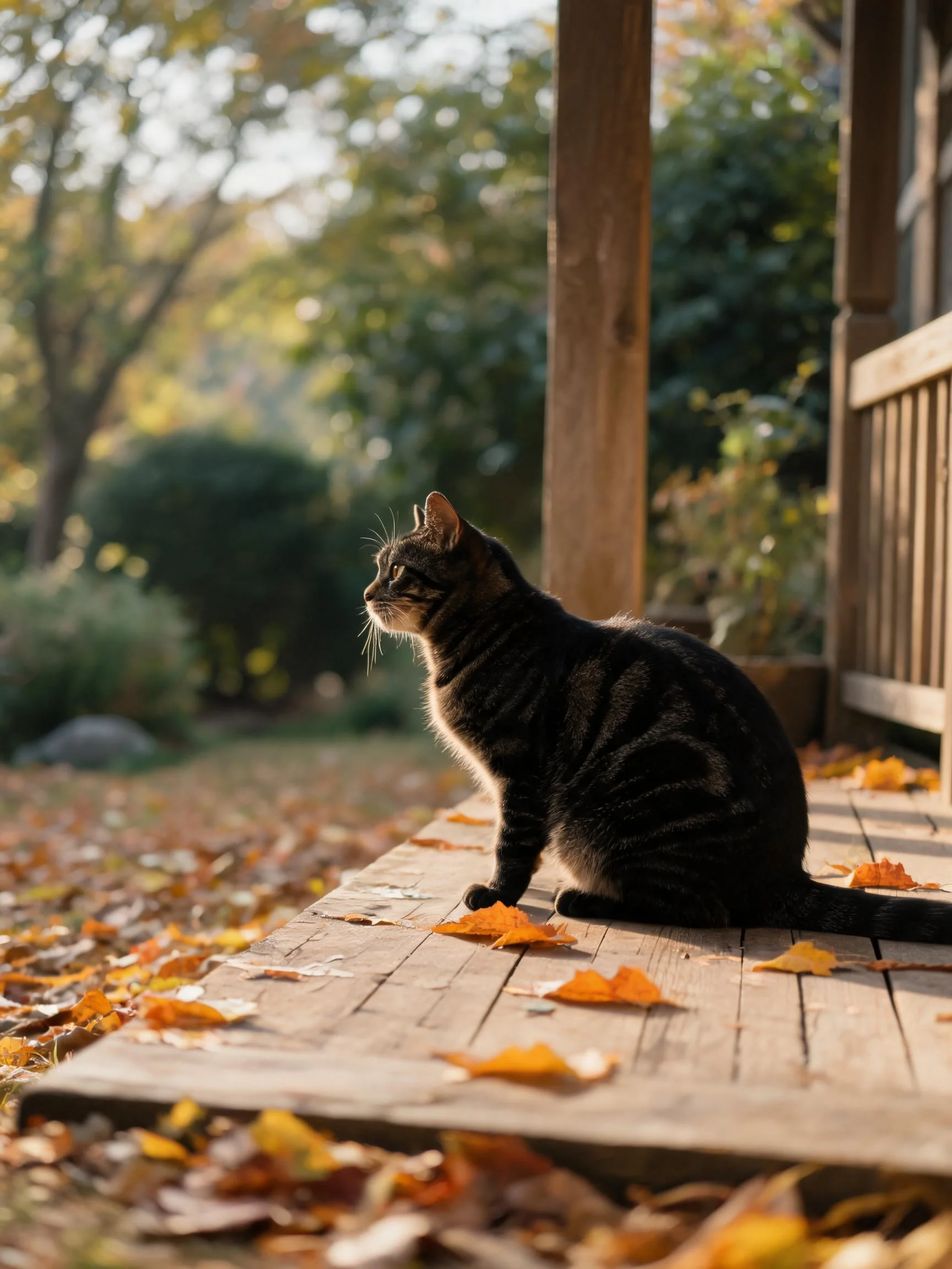 短毛虎斑猫耳朵竖立,深色带条纹的被毛与周围金黄落叶形成鲜明对比。