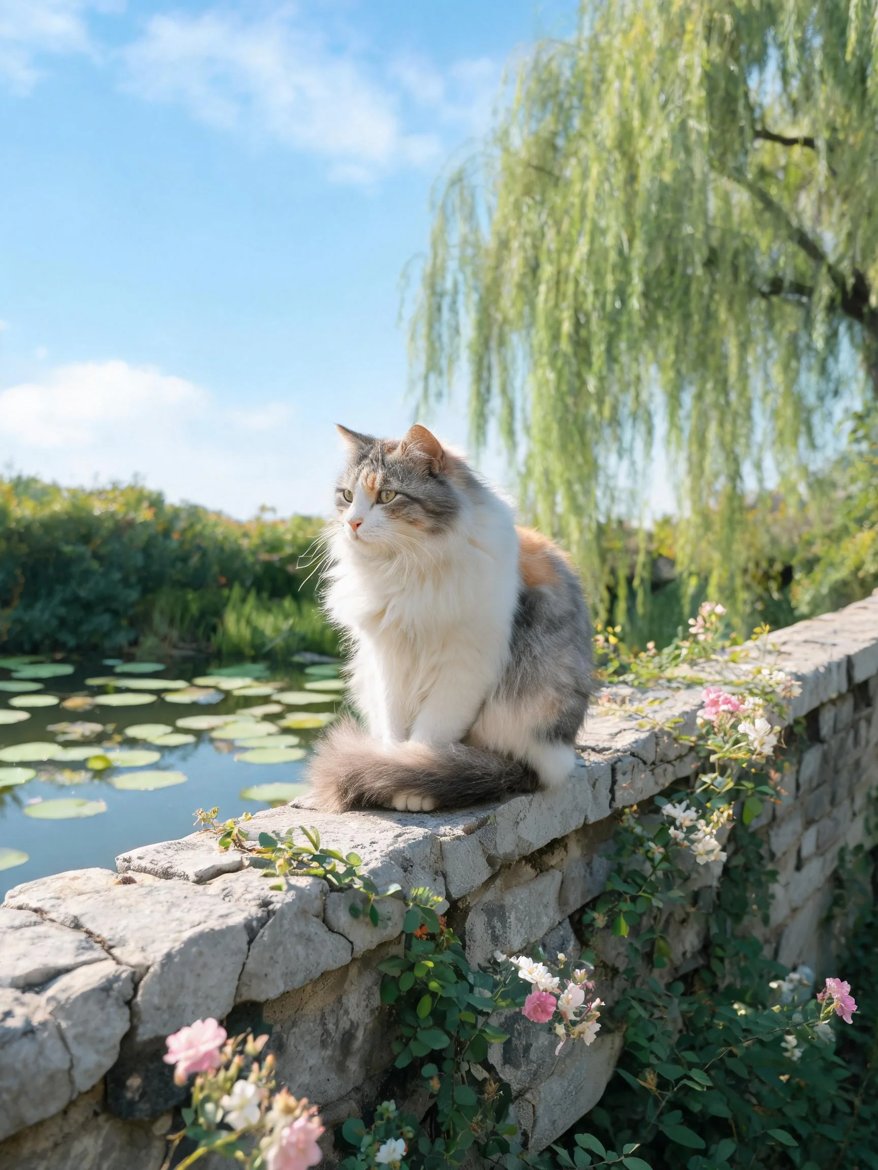 一只三色长毛猫正安静地坐在石墙上,它有着白色、灰色和橙色的毛发,尾巴蓬松,目光看向远方。