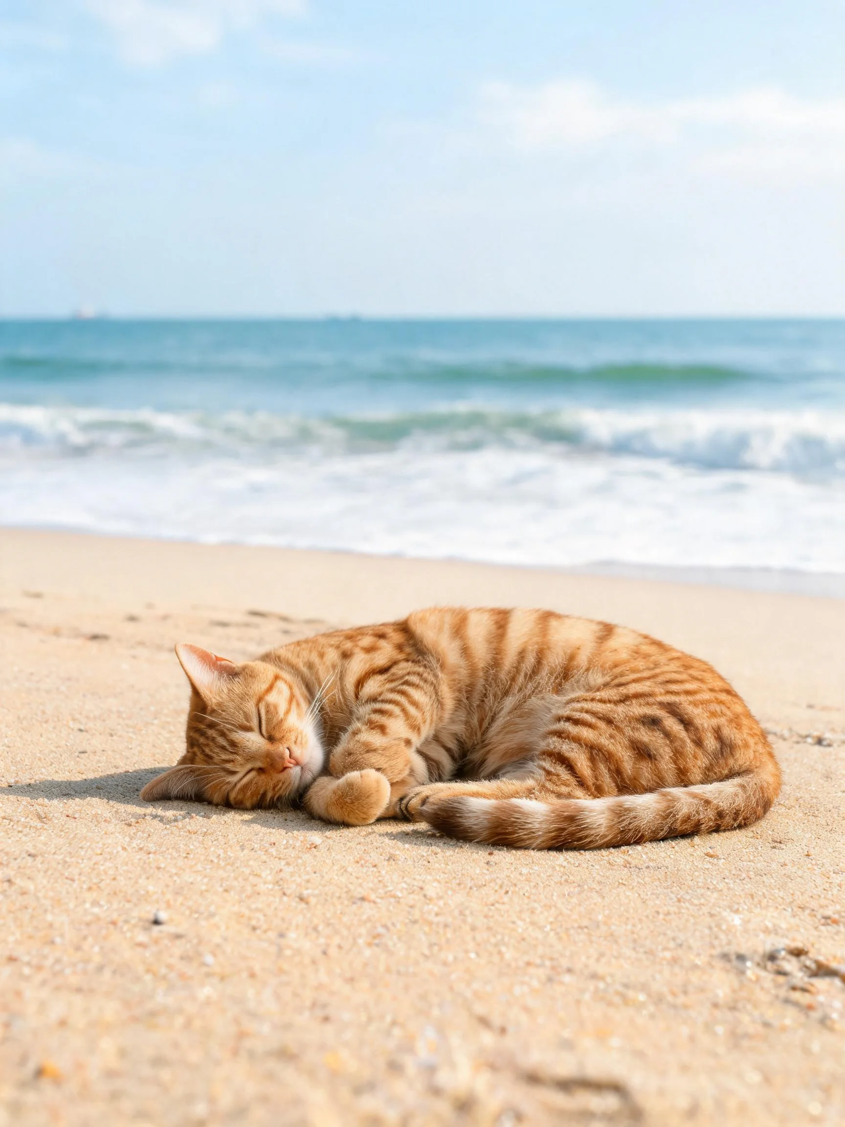 橘色短毛家猫蜷缩在沙滩上,橙褐相间的条纹皮毛在海滩环境中清晰可见。