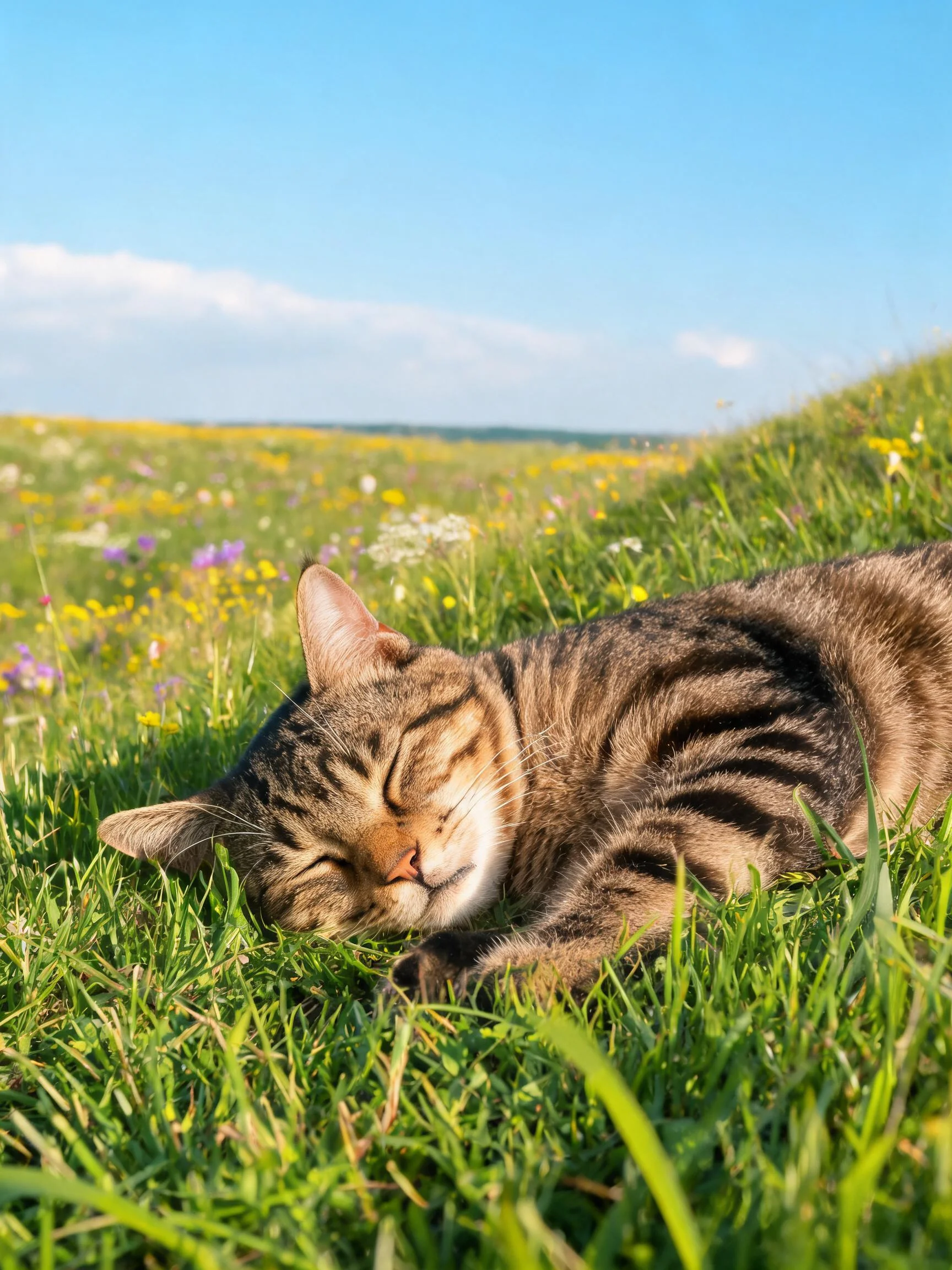 虎斑短毛猫安静卧于草地,皮毛条纹清晰,双眼闭合处于睡眠状态,身体轻压在草地上。