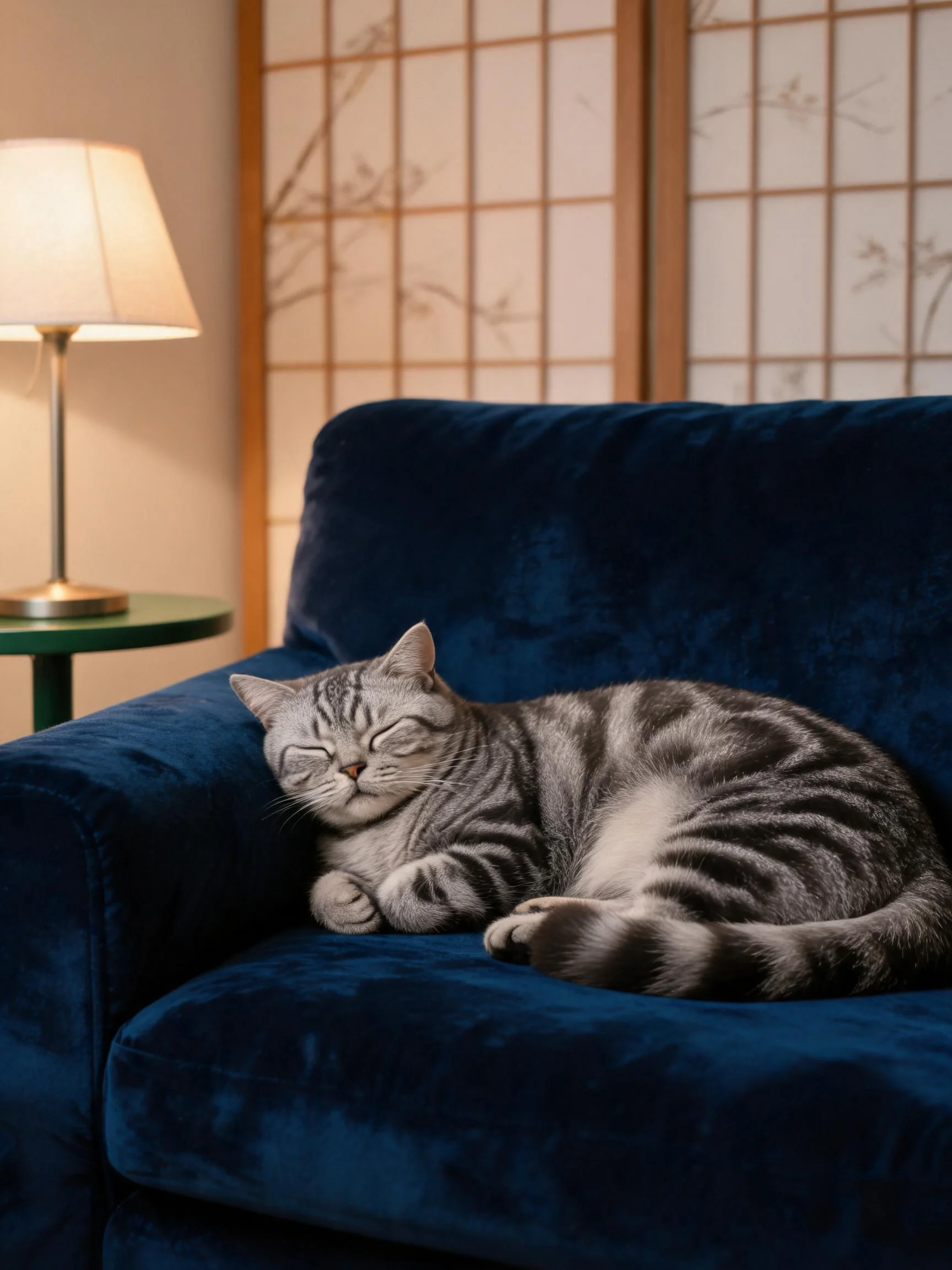 银虎斑短毛猫蜷卧在深蓝色沙发上，身体覆盖着清晰的虎斑纹理，毛发柔软贴附在沙发表面。