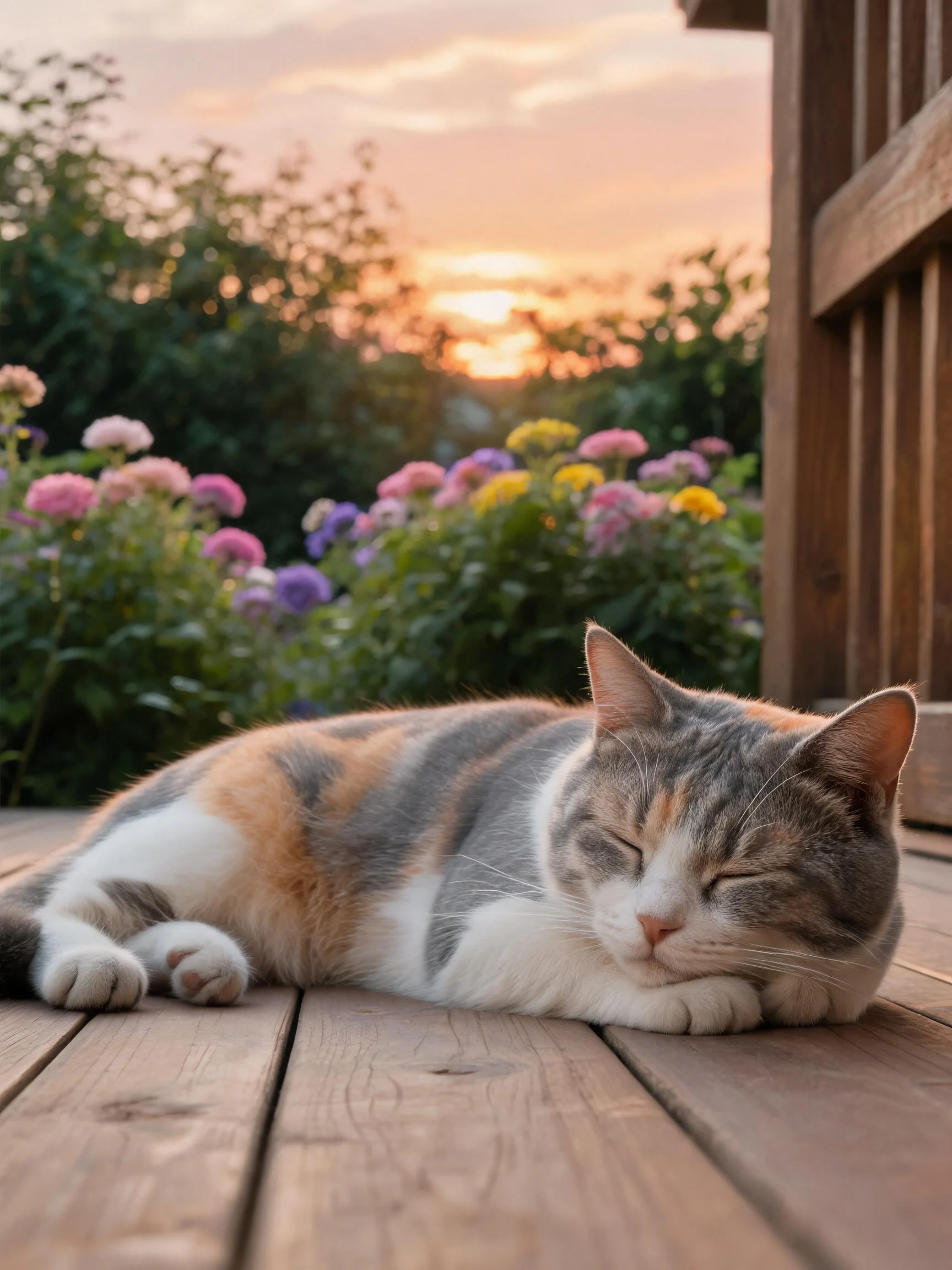 三色短毛猫安静地趴卧在木质平台上,身体呈现白色、灰色与橙色相间的毛发,处于睡眠状态。