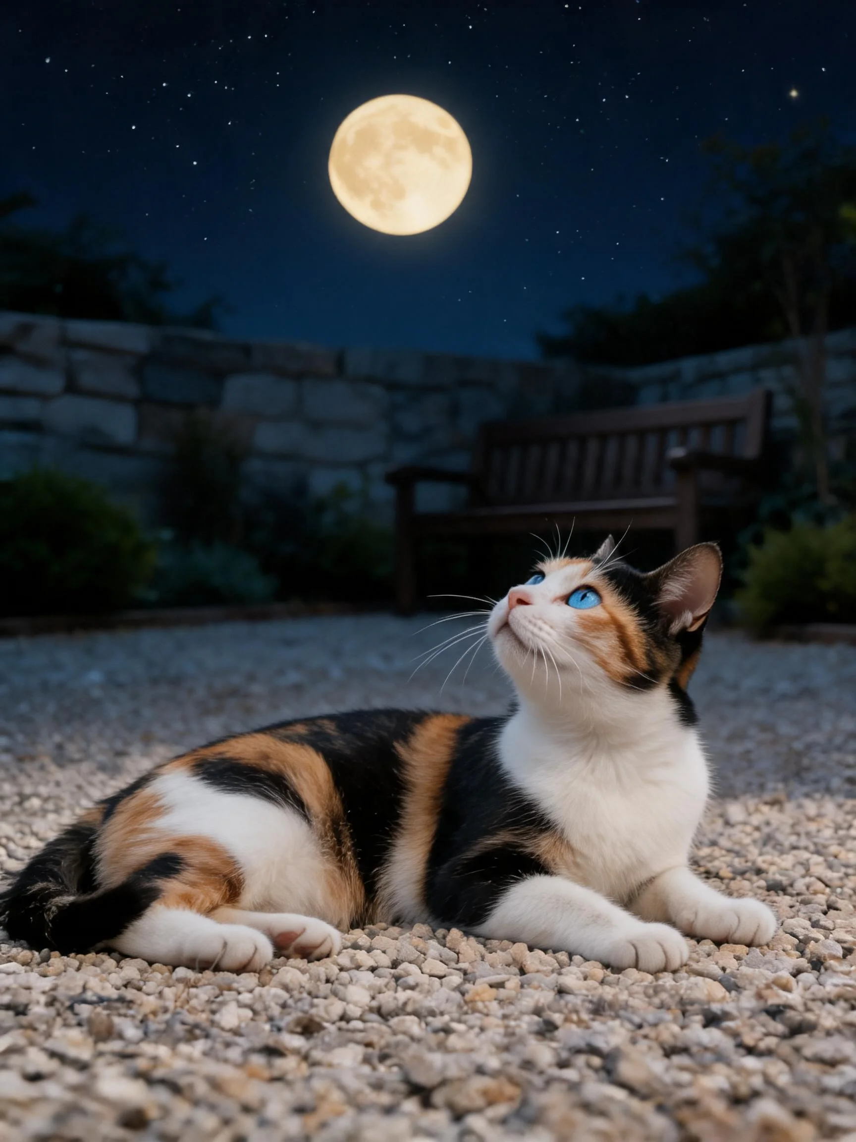 三色短毛家猫有着黑橙白相间的皮毛和蓝色眼睛,正抬头凝视夜空的满月。