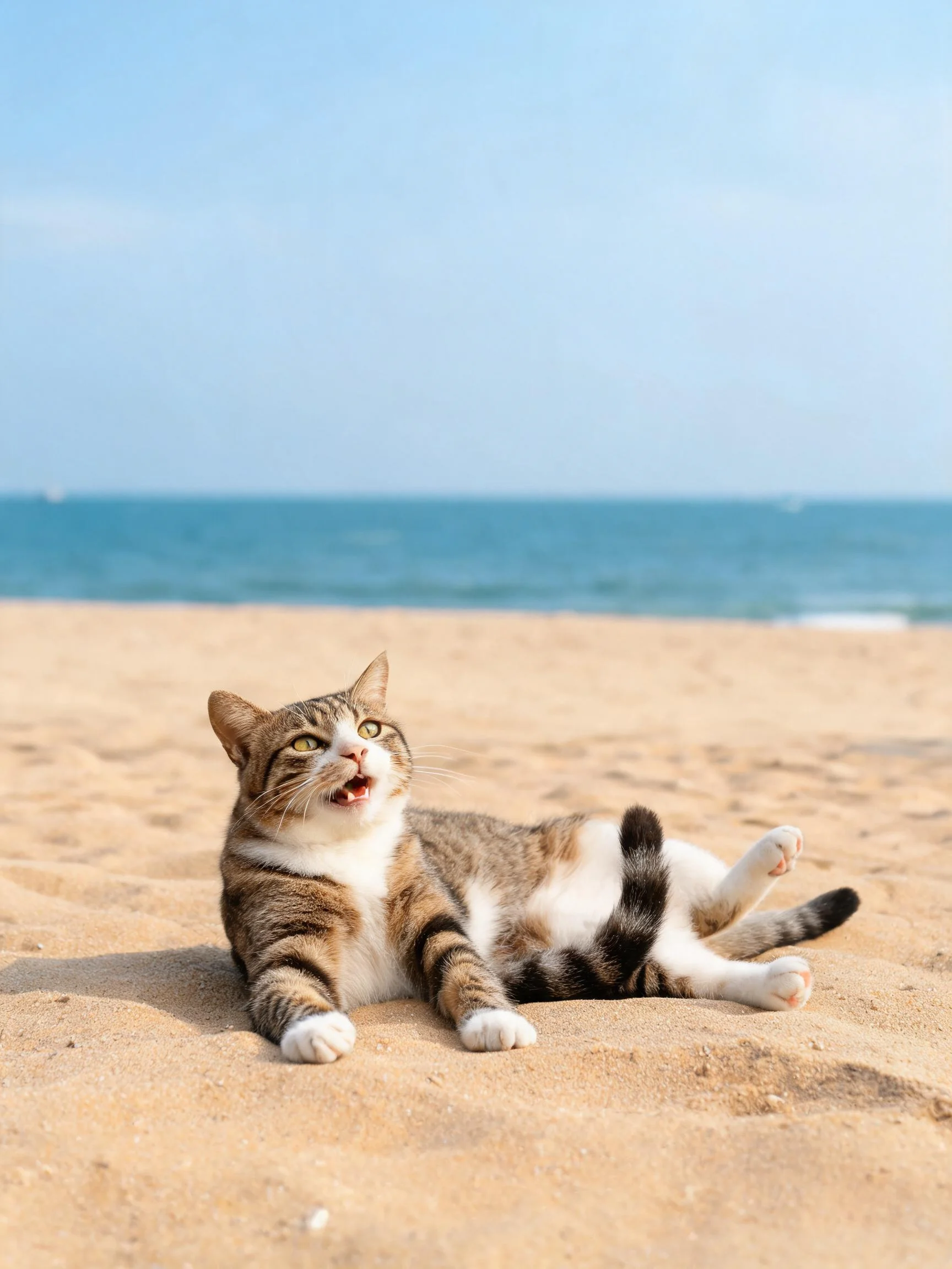 三色短毛猫躺在沙滩上，拥有黄亮的眼睛和棕白相间的皮毛，姿态放松。