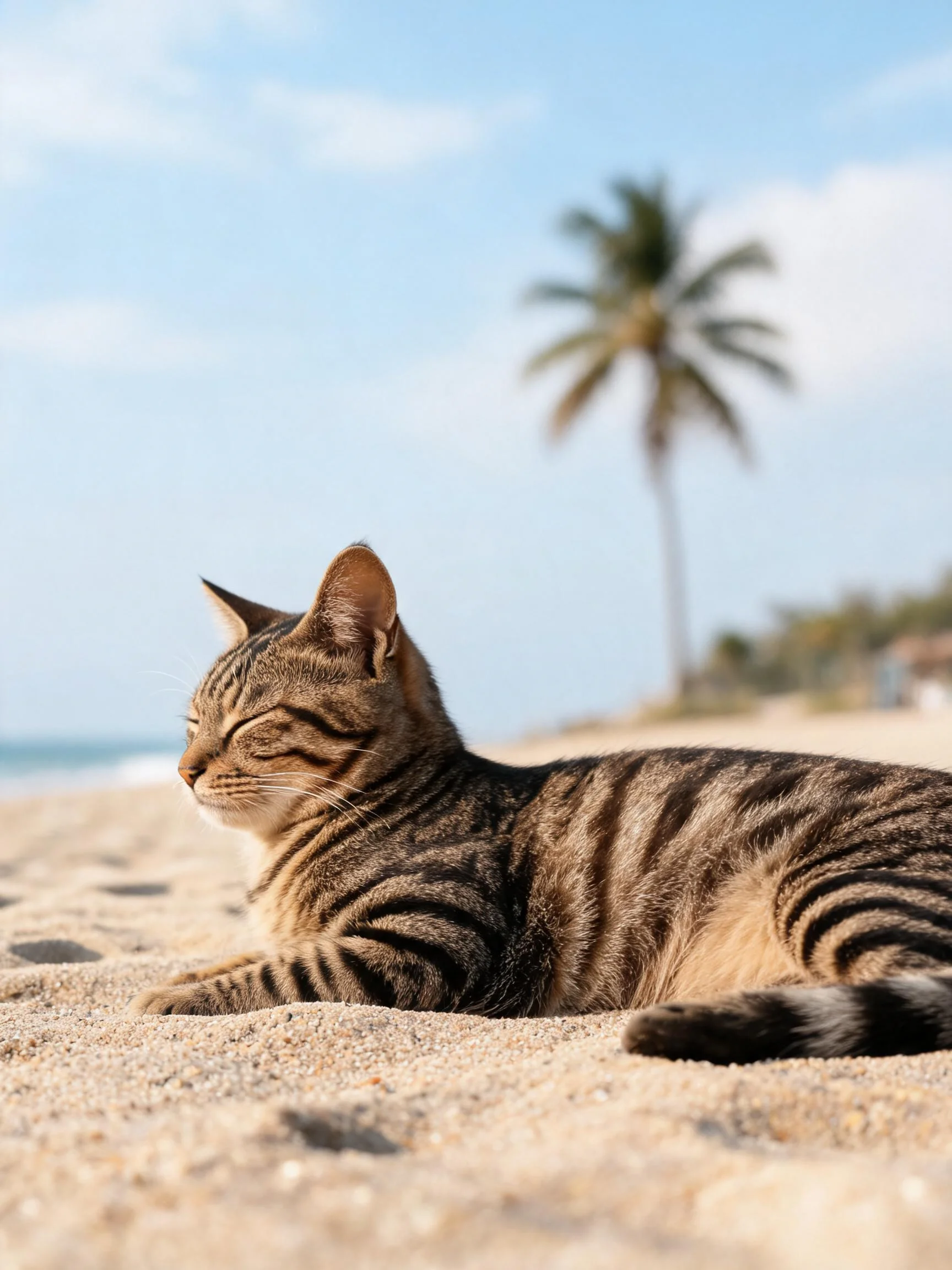 短毛虎斑猫安静趴卧在沙滩上,身上条纹清晰的虎斑花纹在沙滩背景下显得格外明显。