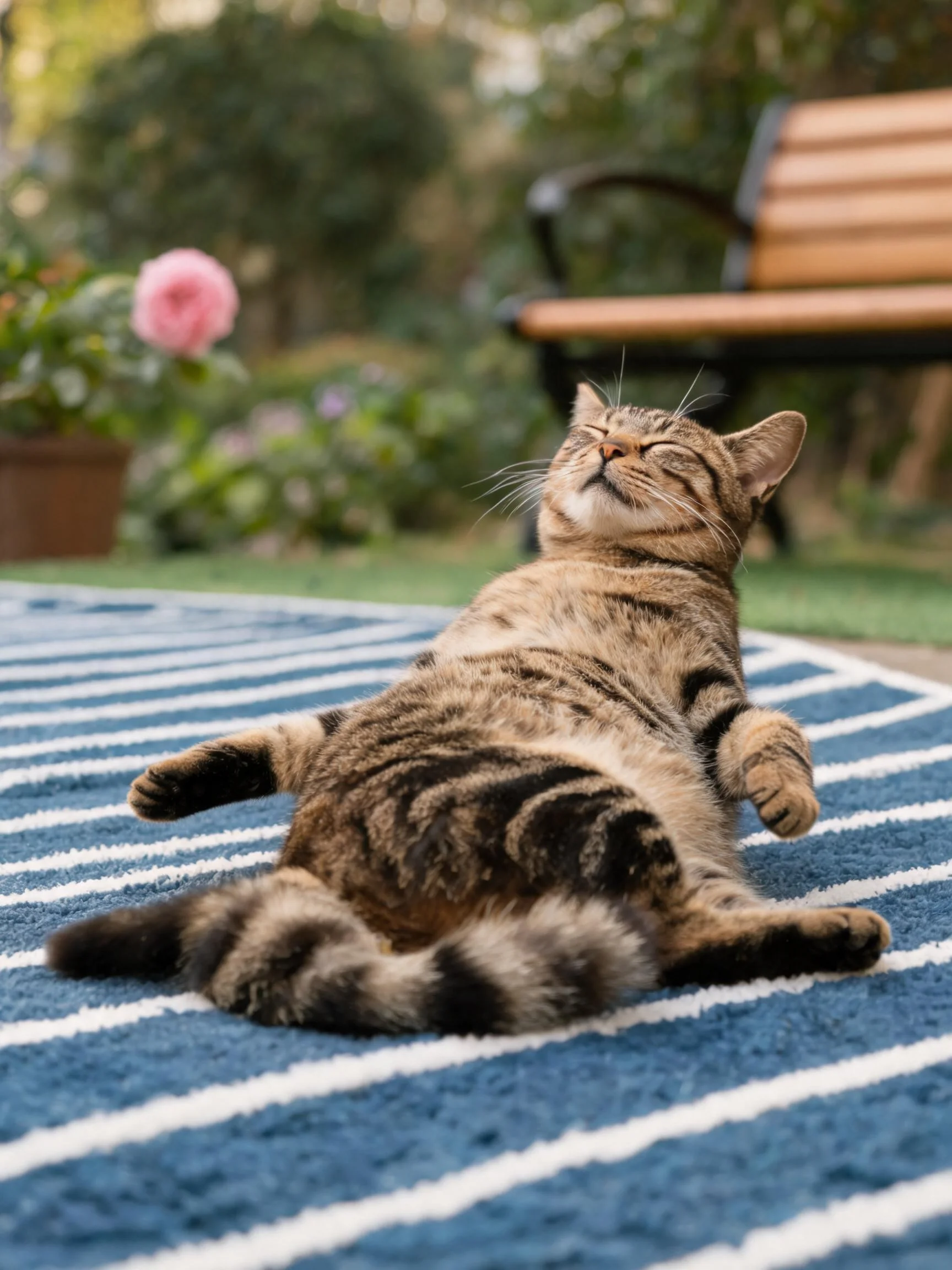图中是一只短毛虎斑猫,它有着典型的虎斑花纹,皮毛柔软贴附在地毯上,双眼闭合闭合状态。