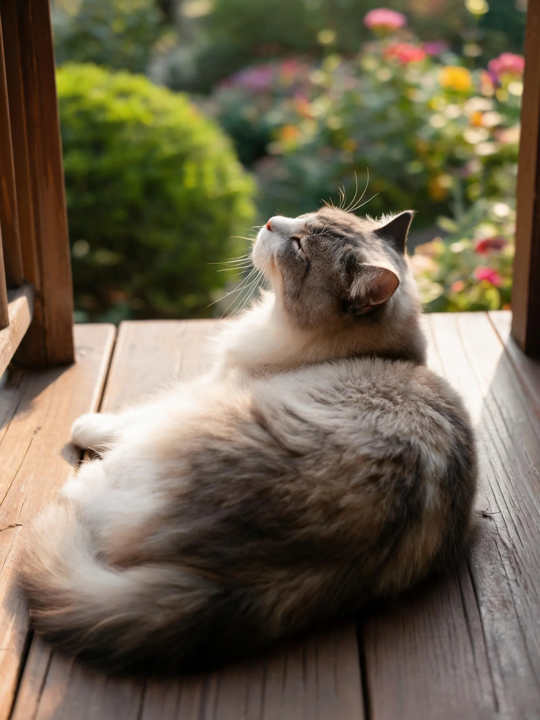 布偶猫抬头凝望天空,灰白相间的长毛蓬松地铺在木质露台上。
