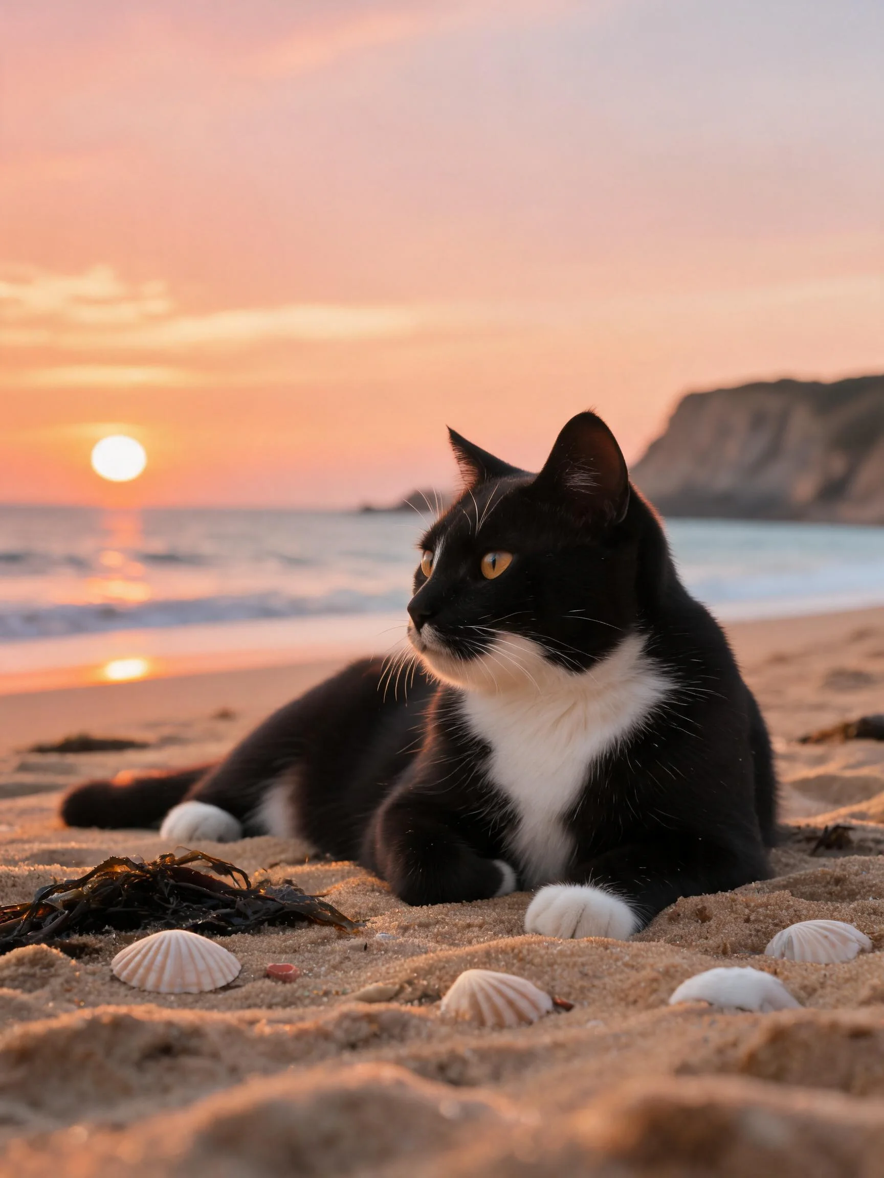 短毛家猫安静趴卧沙滩,黑白相间皮毛在夕阳下清晰可见,黄色眼睛专注凝视远方。