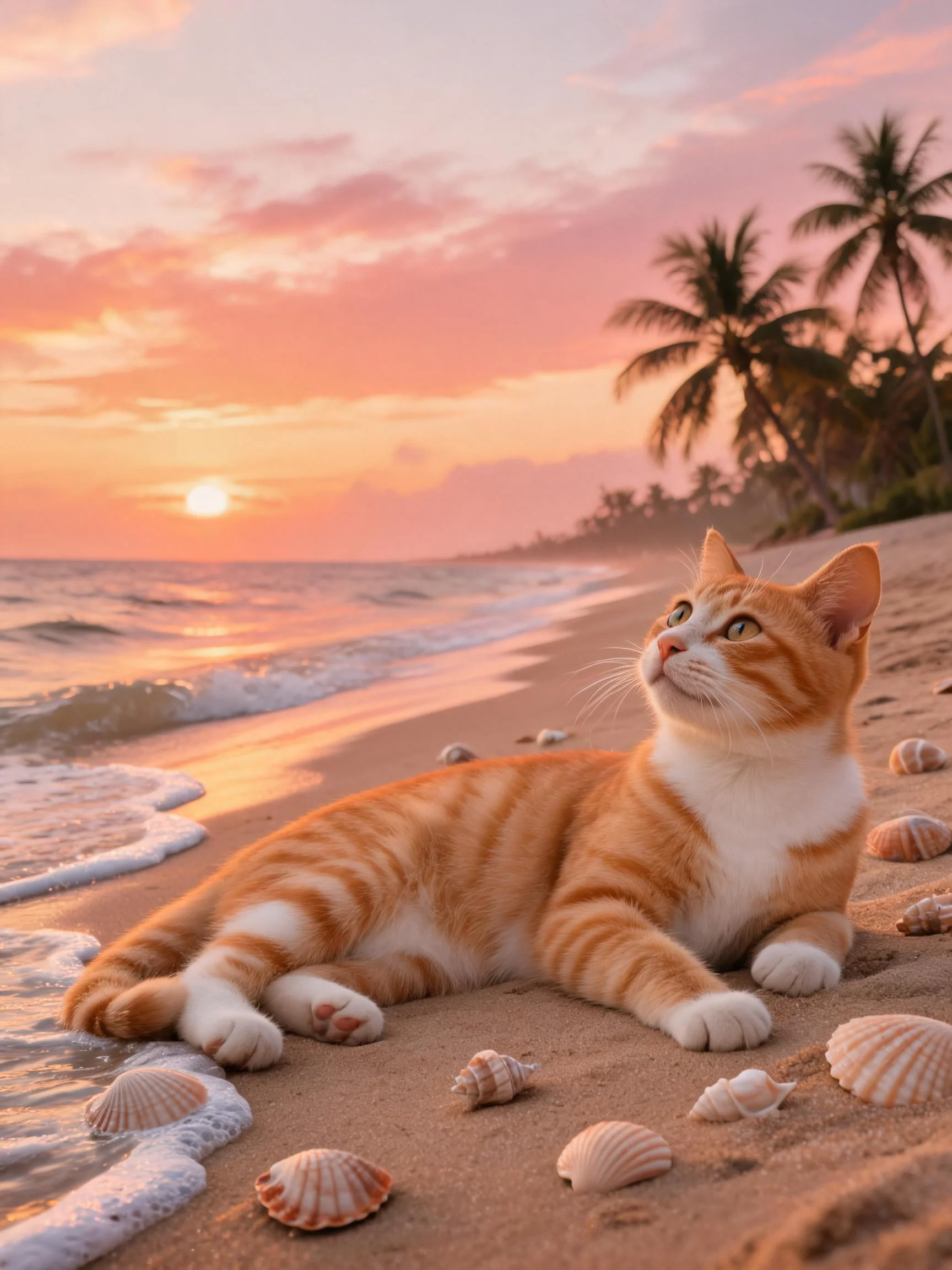 橘白短毛家猫抬头凝视远方,周围分布着不同形状的贝壳,沙滩上细腻沙粒与猫咪橙色条纹毛发形成鲜明对比。