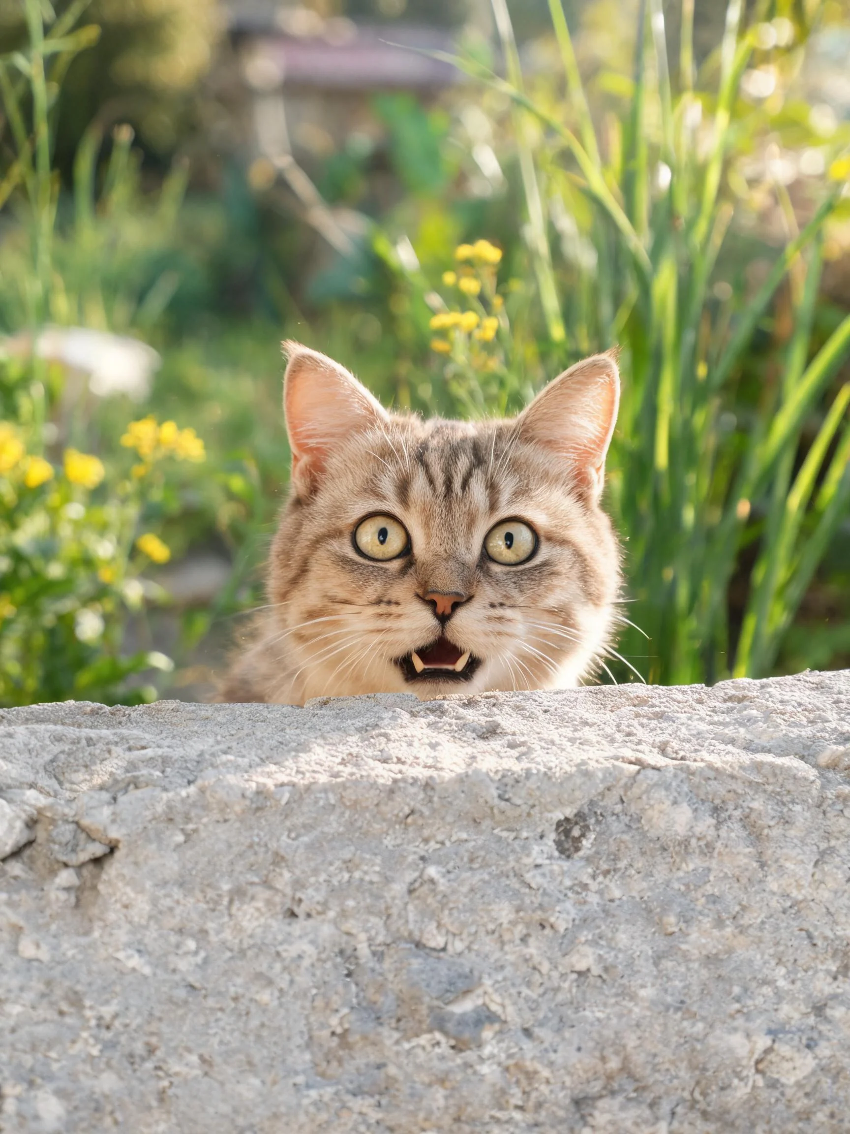 一只短毛虎斑猫,眼睛圆睁,嘴巴微张,正从石墙后方探身张望。