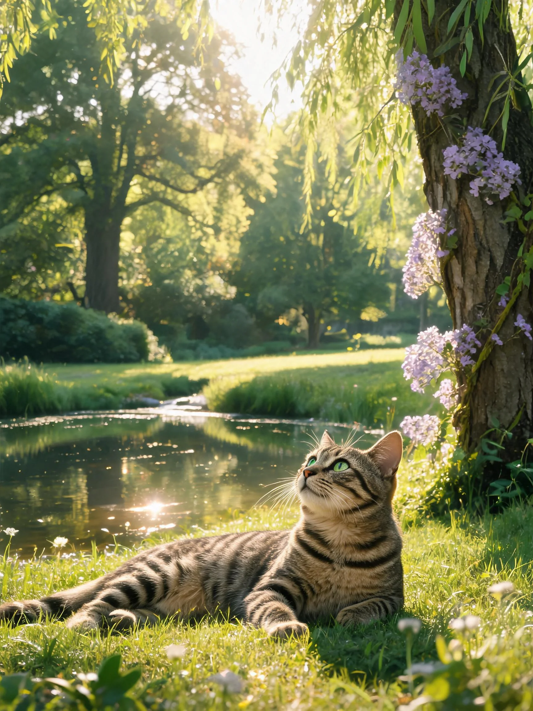 虎斑短毛猫有着清晰的黑色条纹与绿色眼睛,正安静地趴在溪边草地上凝视上方。