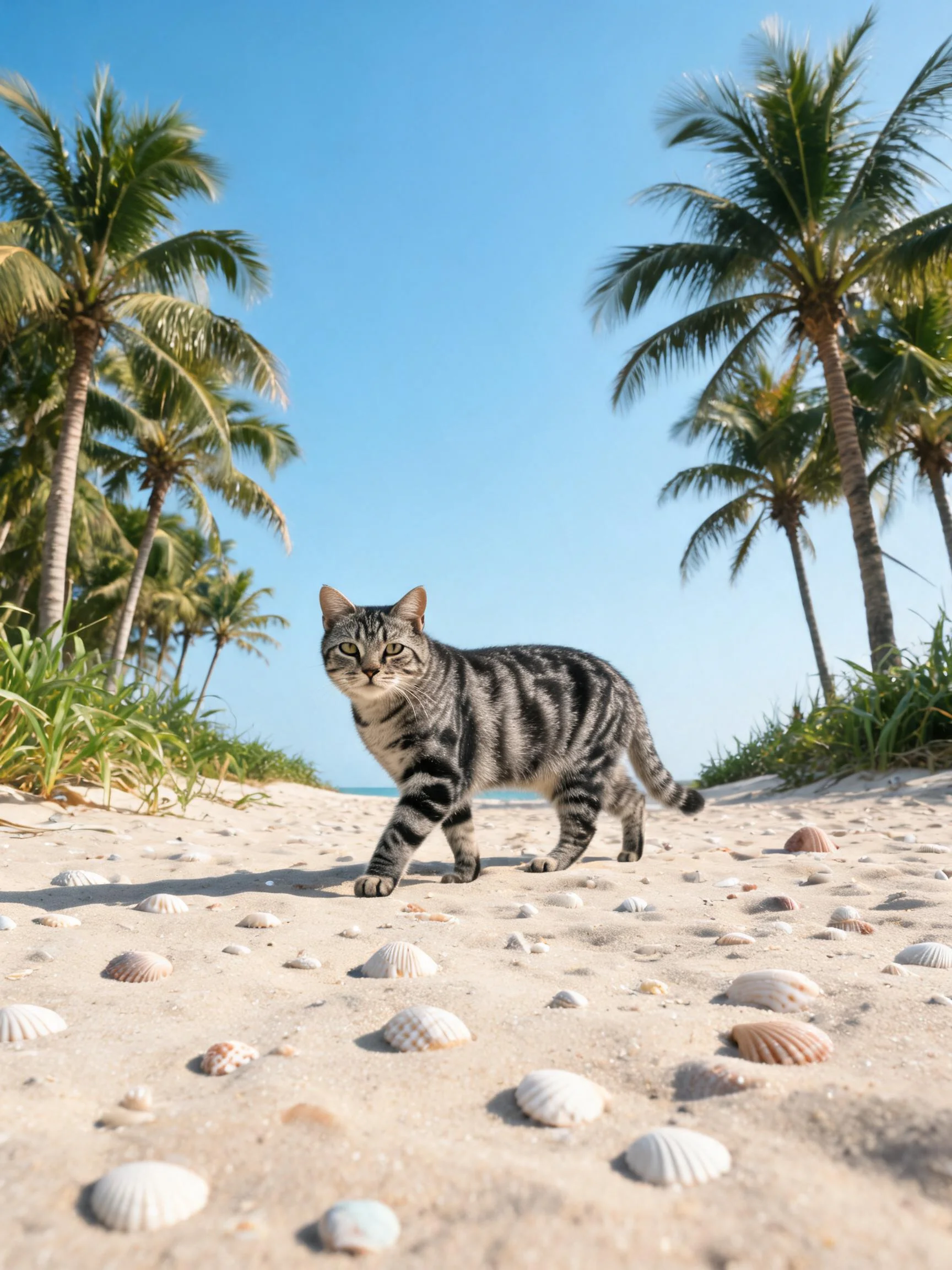 短毛虎斑猫,黑白相间的虎斑花纹,正走在布满贝壳的沙滩上。
