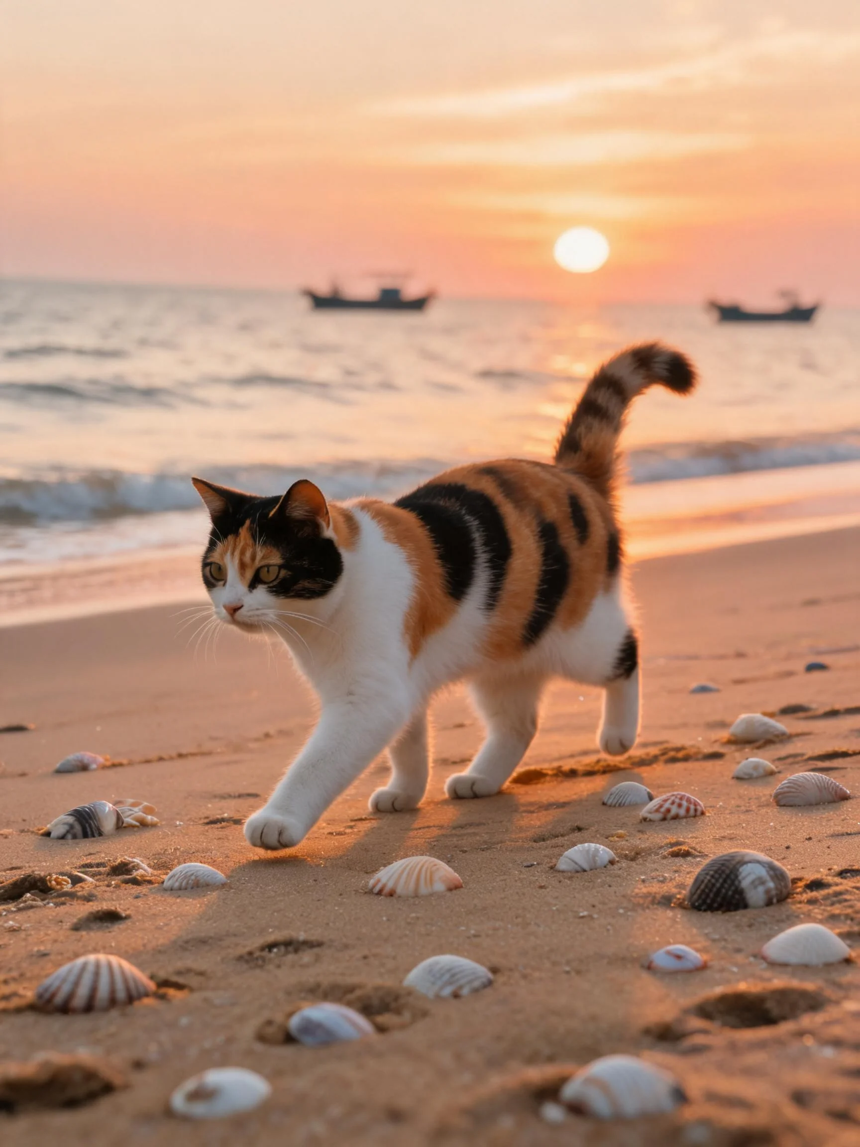 一只三色短毛猫正迈着步伐行走,其黑、橙、白相间的皮毛清晰可见,周围分布着多种形状的贝壳。