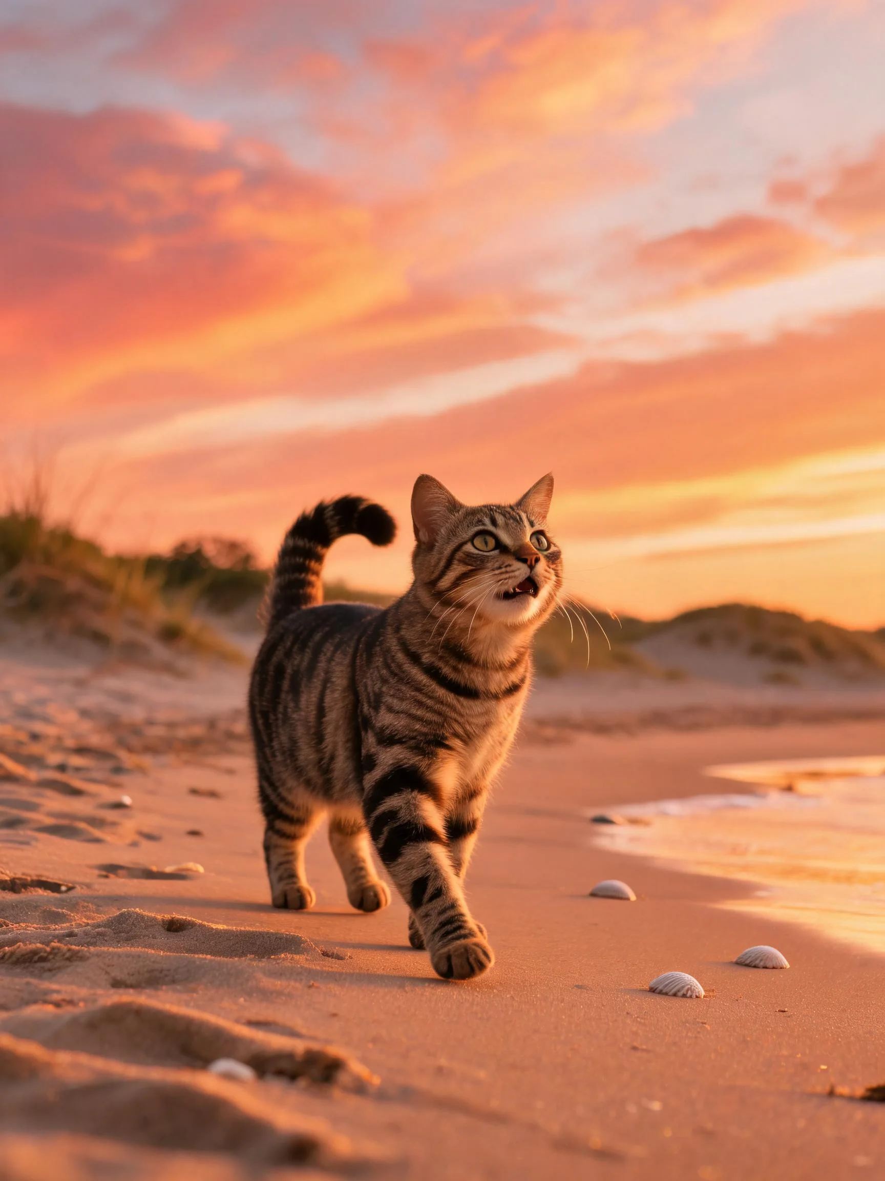一只虎斑短毛猫正走在沙滩上,它的皮毛带有清晰的条纹图案。