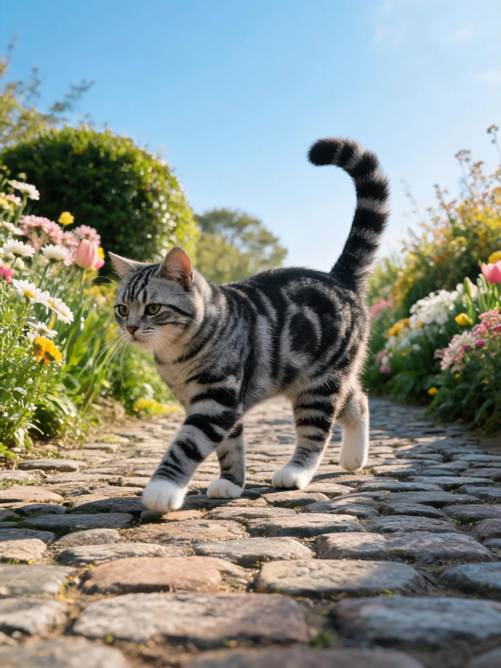 银虎斑短毛猫正迈步前行,黑白相间的皮毛与白色爪子清晰可见。