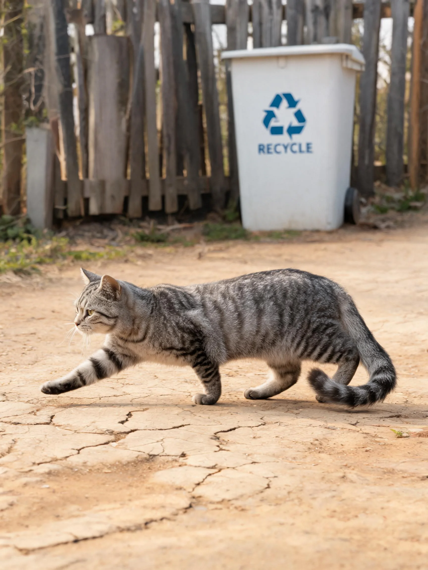 短毛虎斑猫在户外泥地行走,身上清晰的虎斑纹理与干燥的地面形成对比。