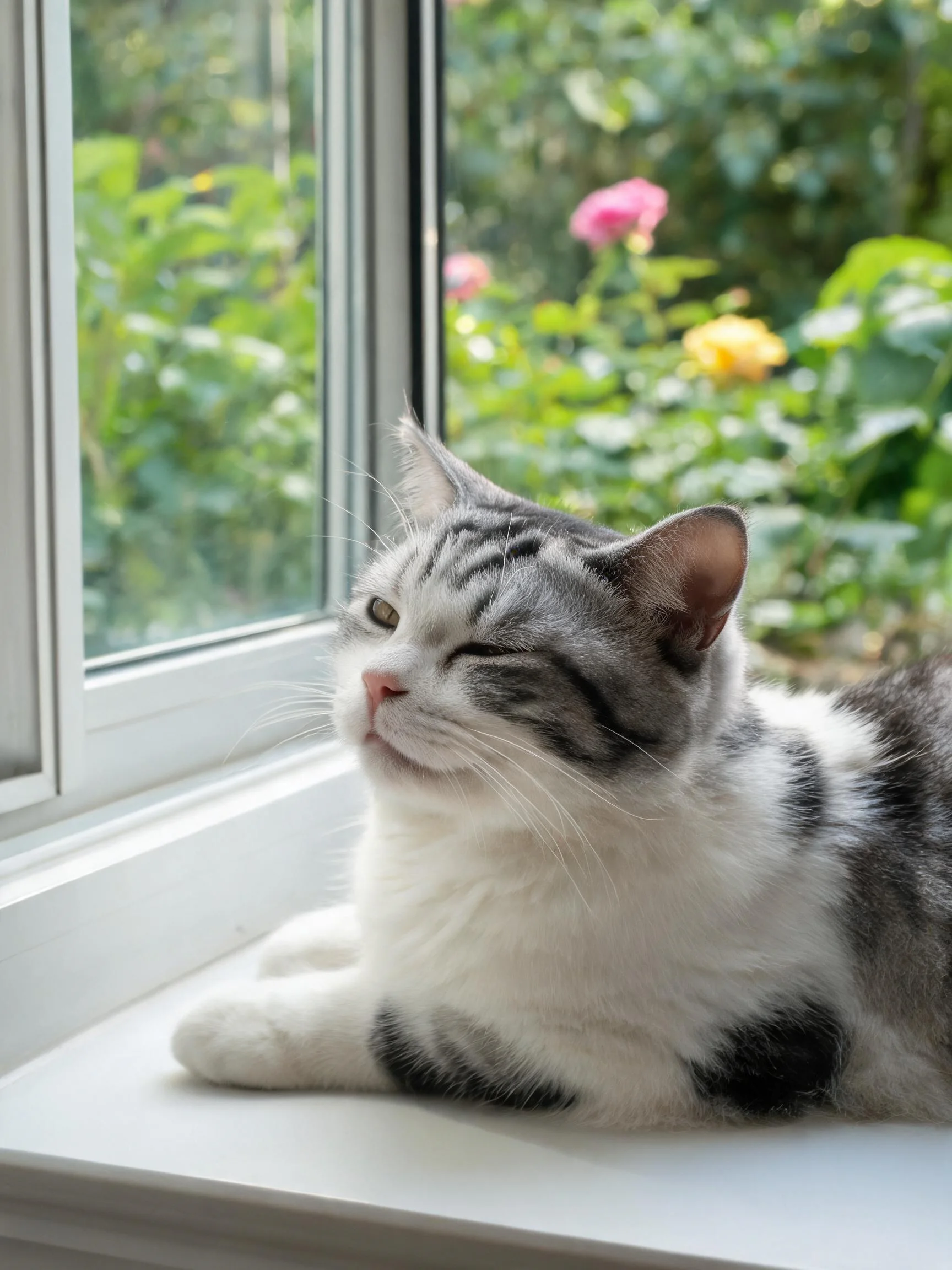窗台上的一只灰白短毛猫，眼睛半睁，身上有清晰条纹花纹，处于放松状态。