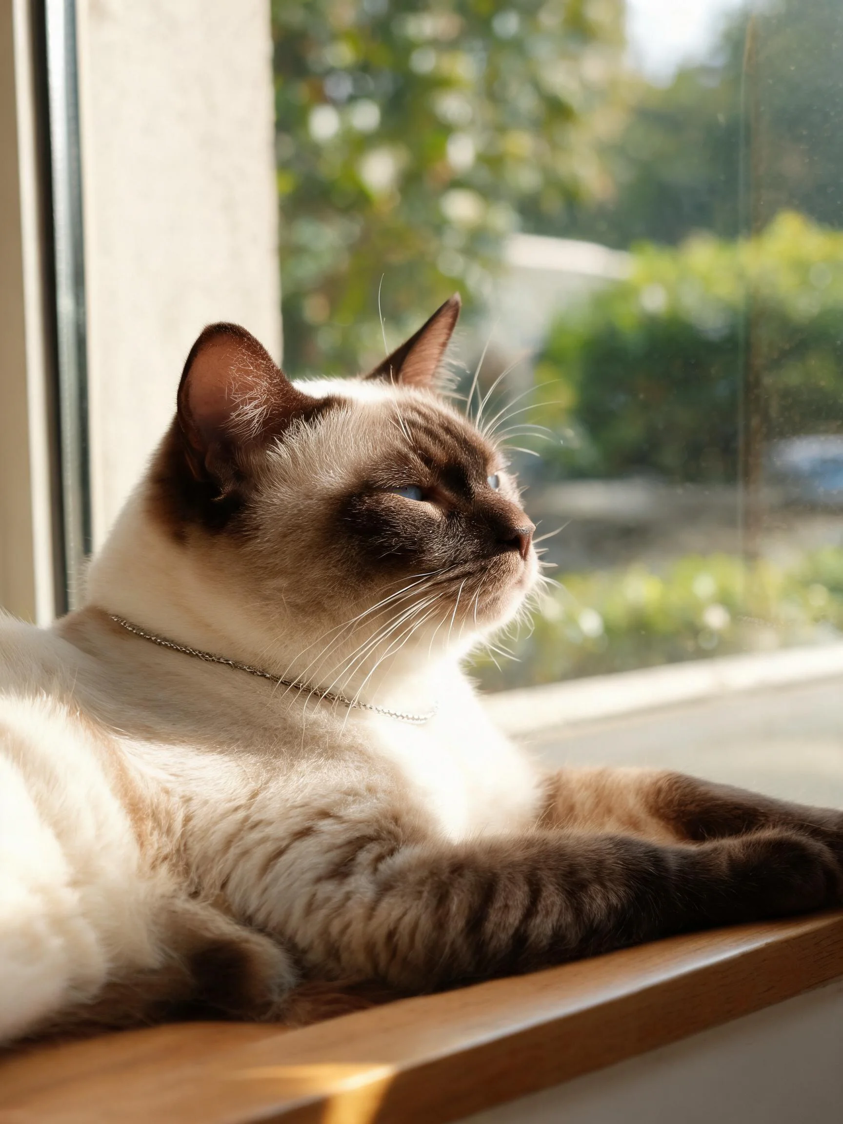 一只暹罗猫有着乳白色被毛与深褐色面部,正安静地趴在窗台上凝视室外。