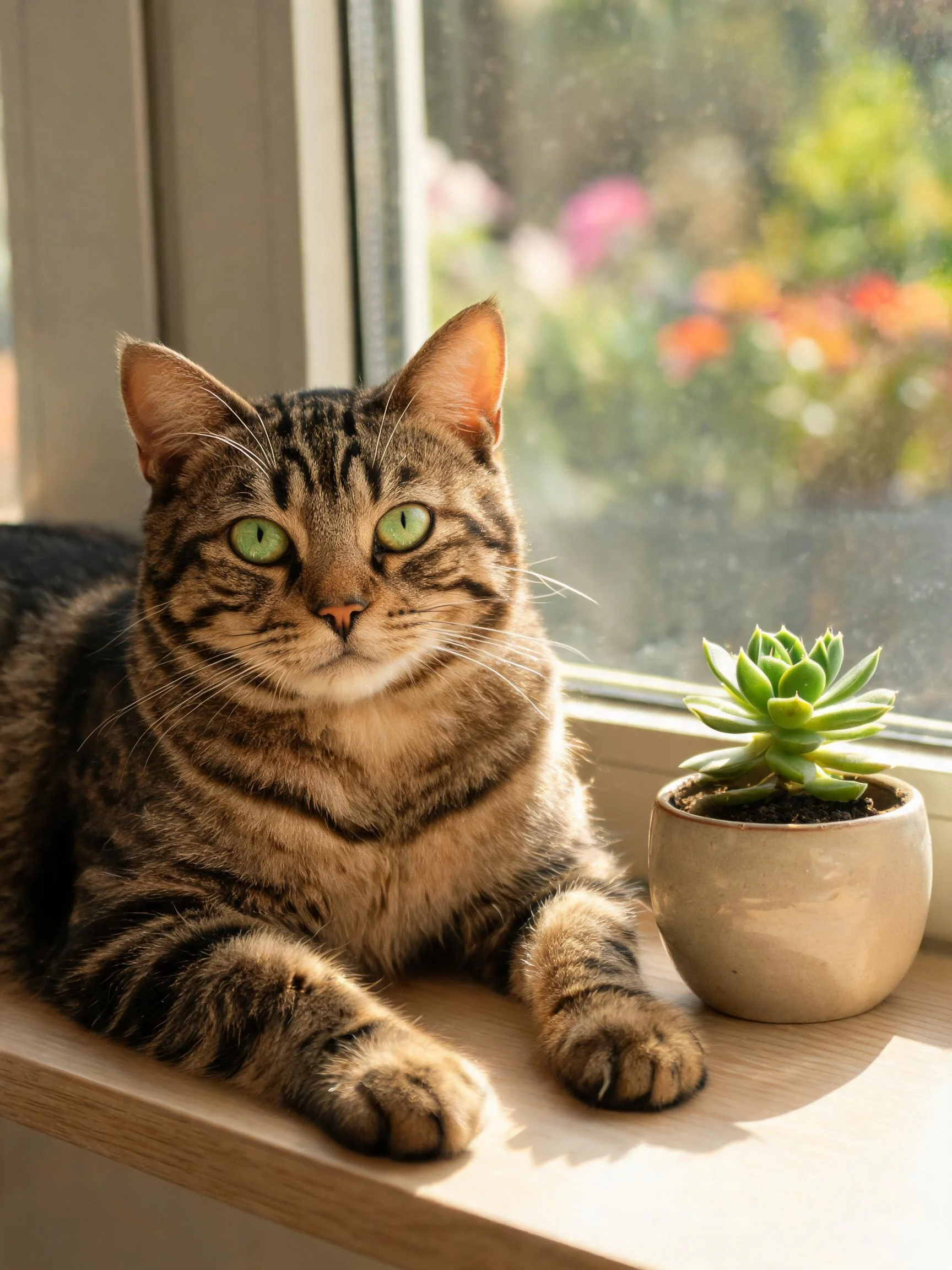 虎斑短毛猫趴在窗台上，绿色眼睛明亮，皮毛带有清晰的条纹图案。