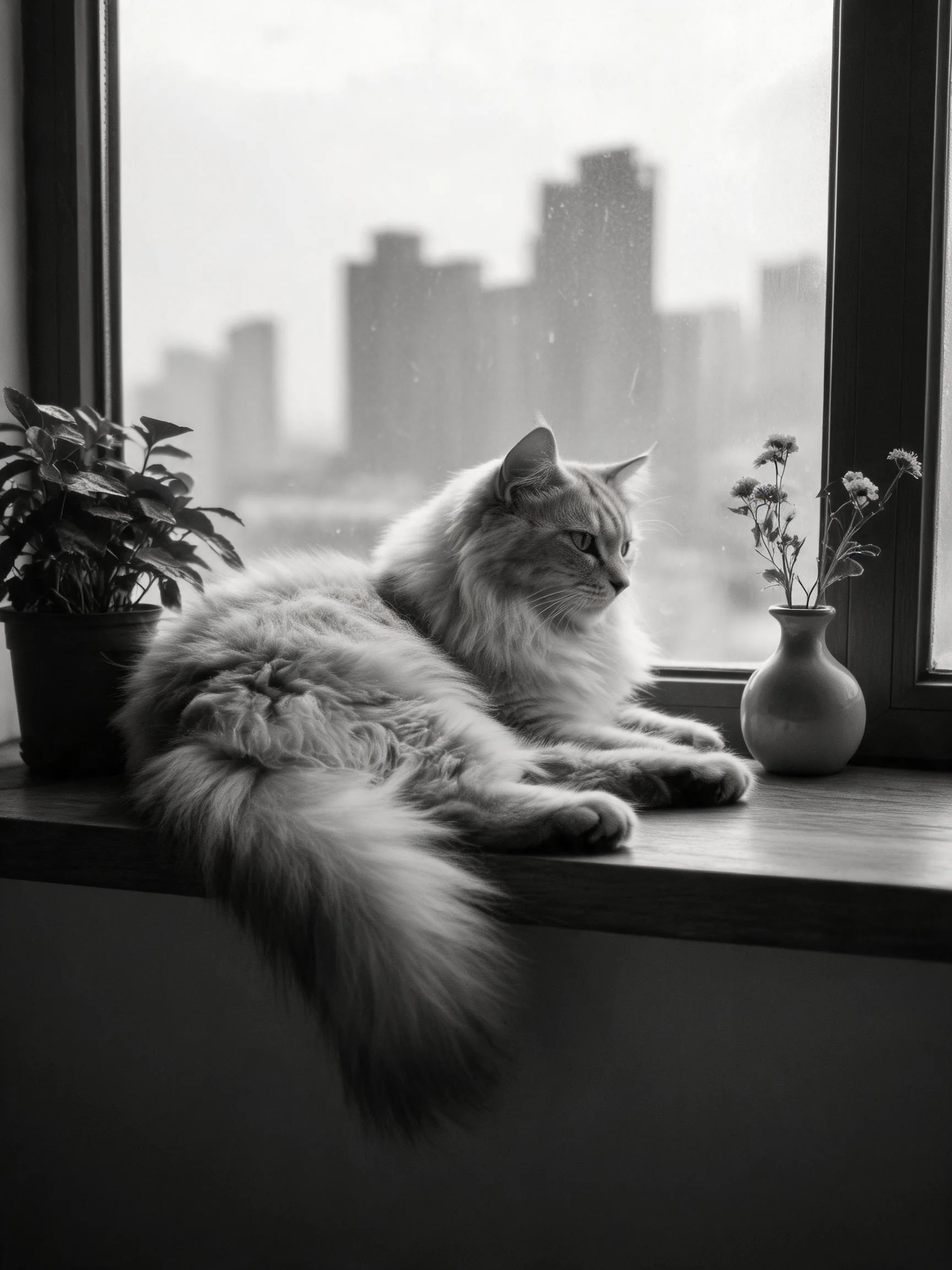 长毛缅因猫有着蓬松的白色毛发,正安静地趴在窗台上,目光看向远处城市景观。