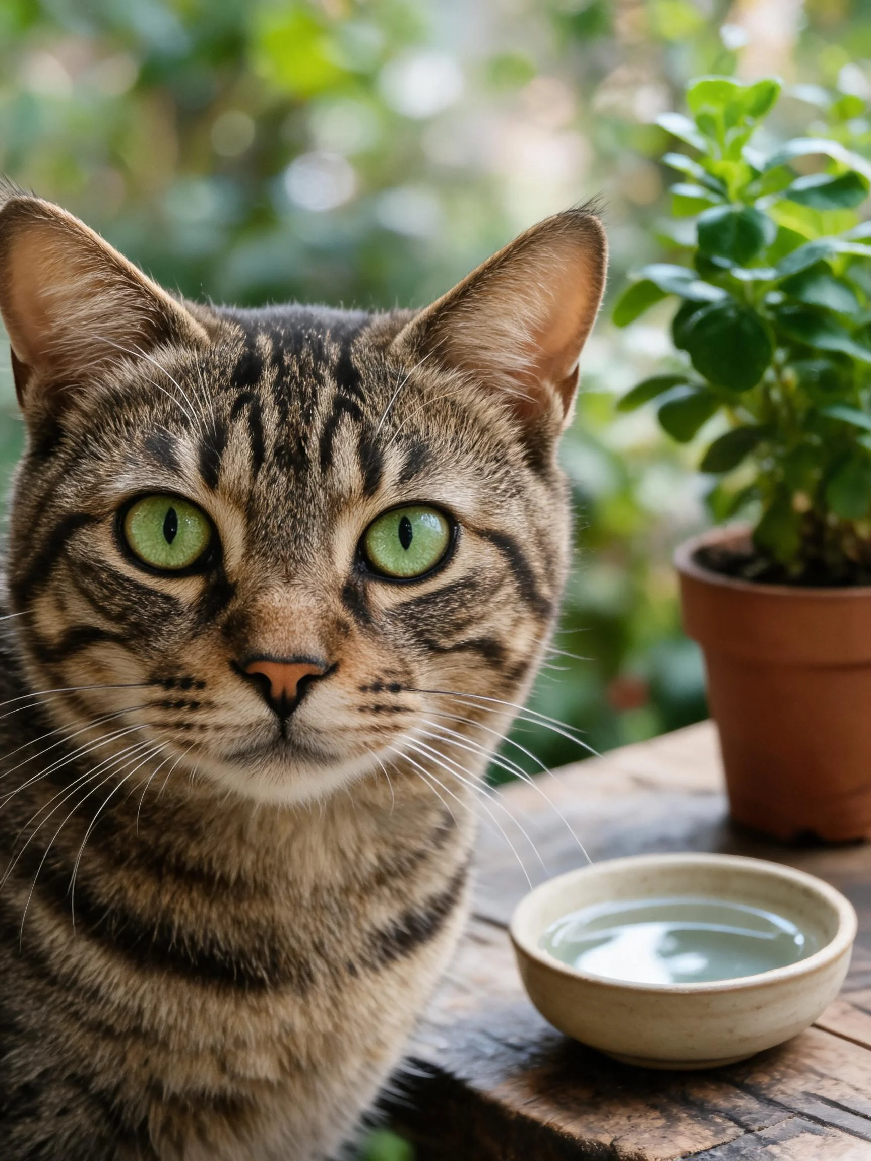 虎斑短毛猫有着绿色眼睛和清晰的虎斑纹理,身旁放置着盛水的陶制小碗。