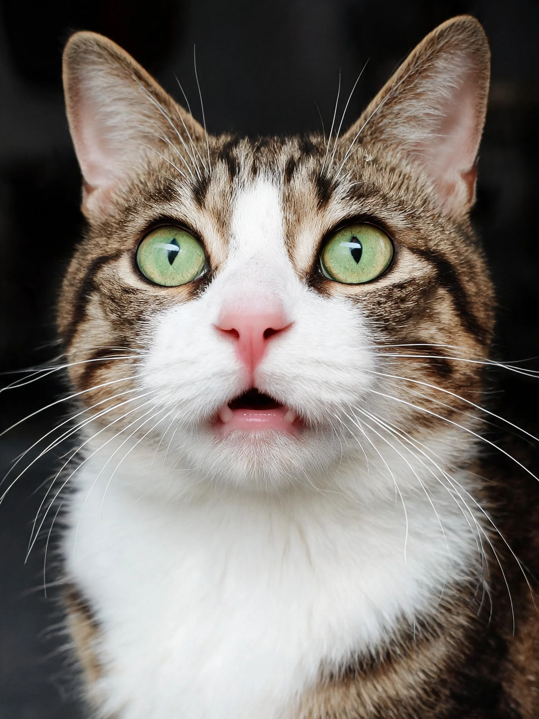 一只玳瑁色短毛猫,拥有绿色眼睛和棕白相间的斑纹毛发,面部有白色区域分布,胡须清晰可见。