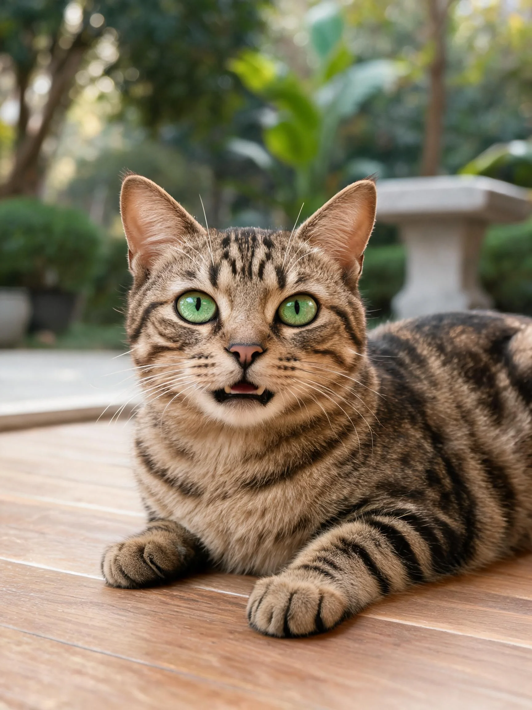 虎斑猫趴在木质平台上,拥有清晰的条纹花纹与绿色眼睛。