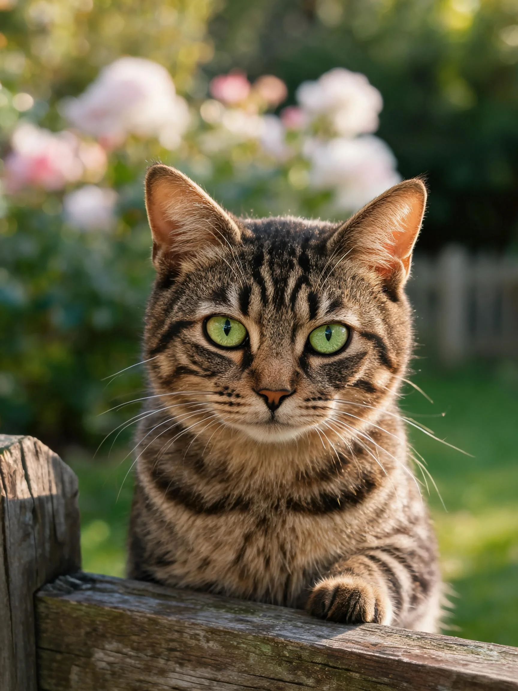一只拥有绿色眼眸的虎斑短毛猫正趴在木栅栏上,前爪搭在栅栏边缘。