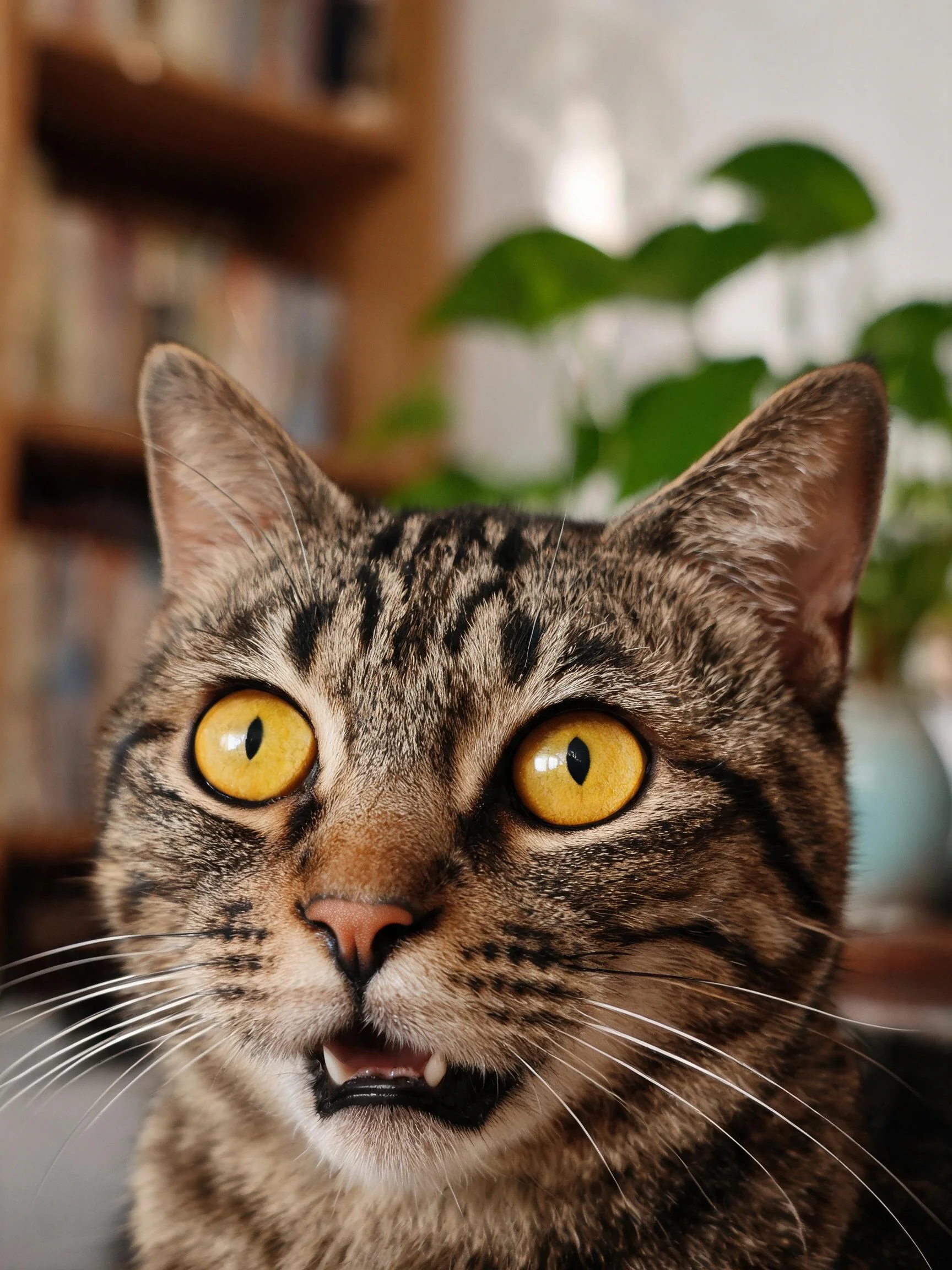 一只虎斑短毛猫,拥有明亮的金黄色眼睛,面部有典型虎斑纹,胡须洁白修长。