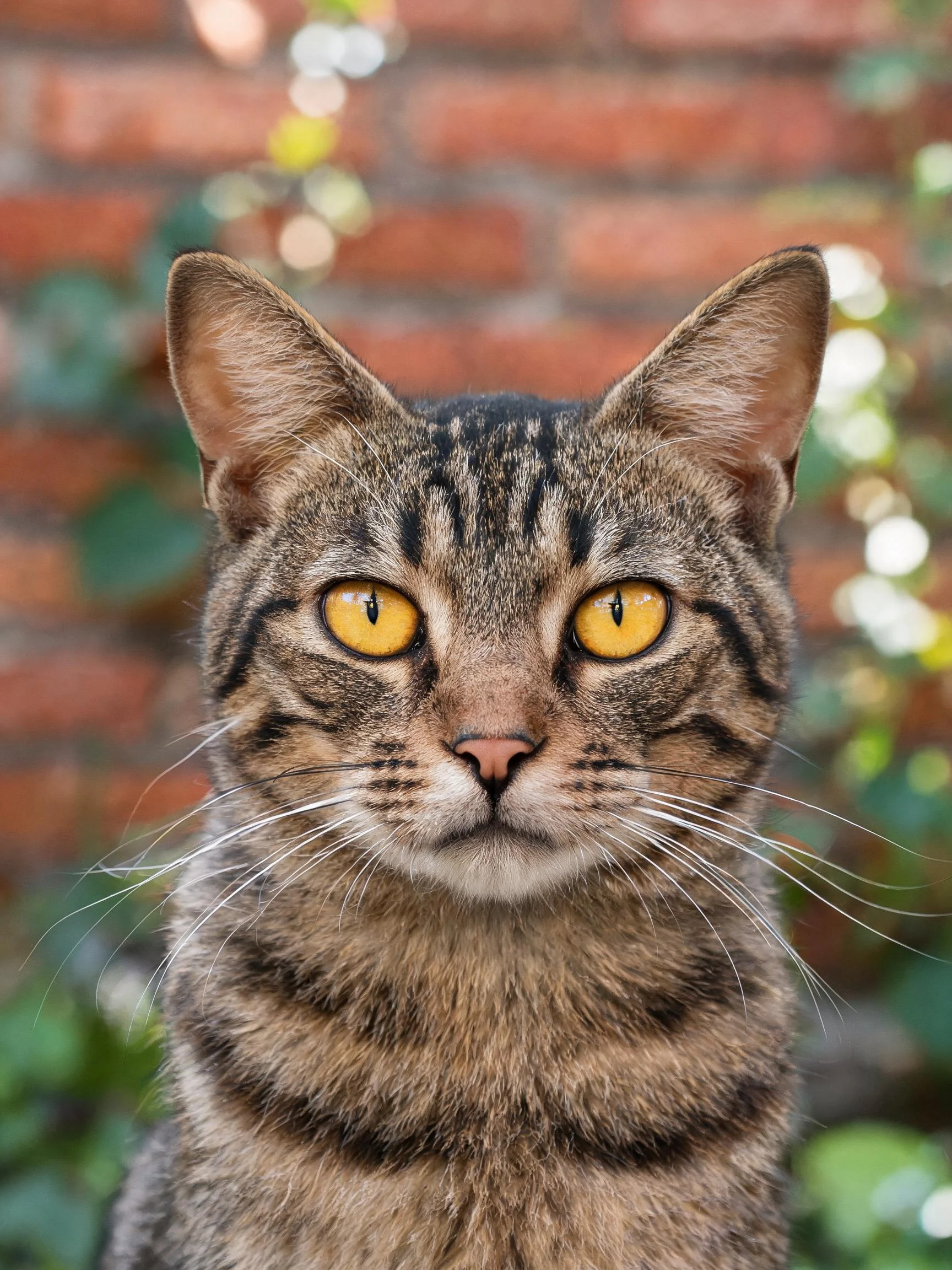 短毛虎斑猫拥有带有黑色条纹的棕色皮毛和明亮黄色眼睛。