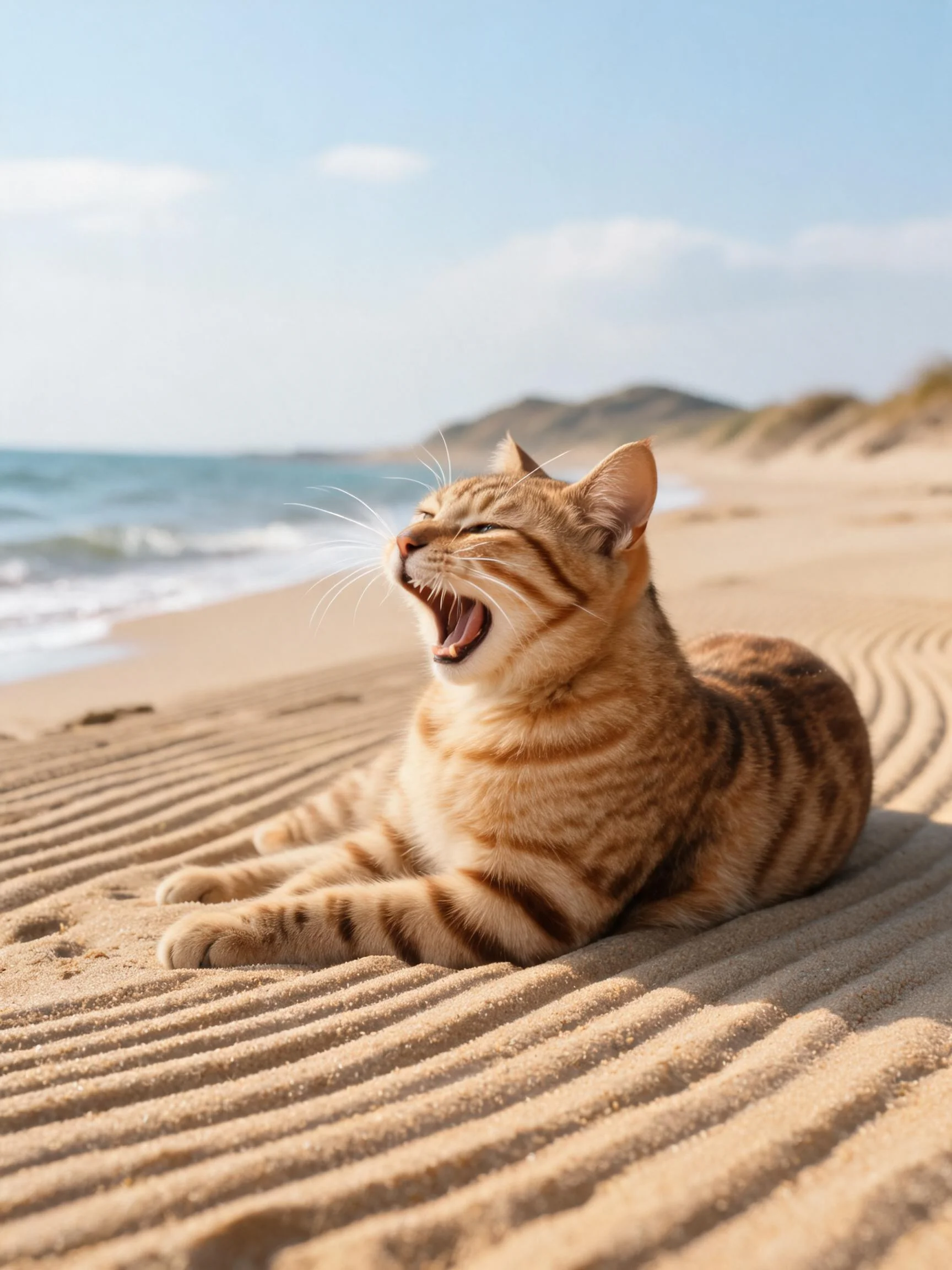 橙虎斑纹短毛猫嘴巴张开处于打哈欠状态，金褐相间皮毛清晰可见。