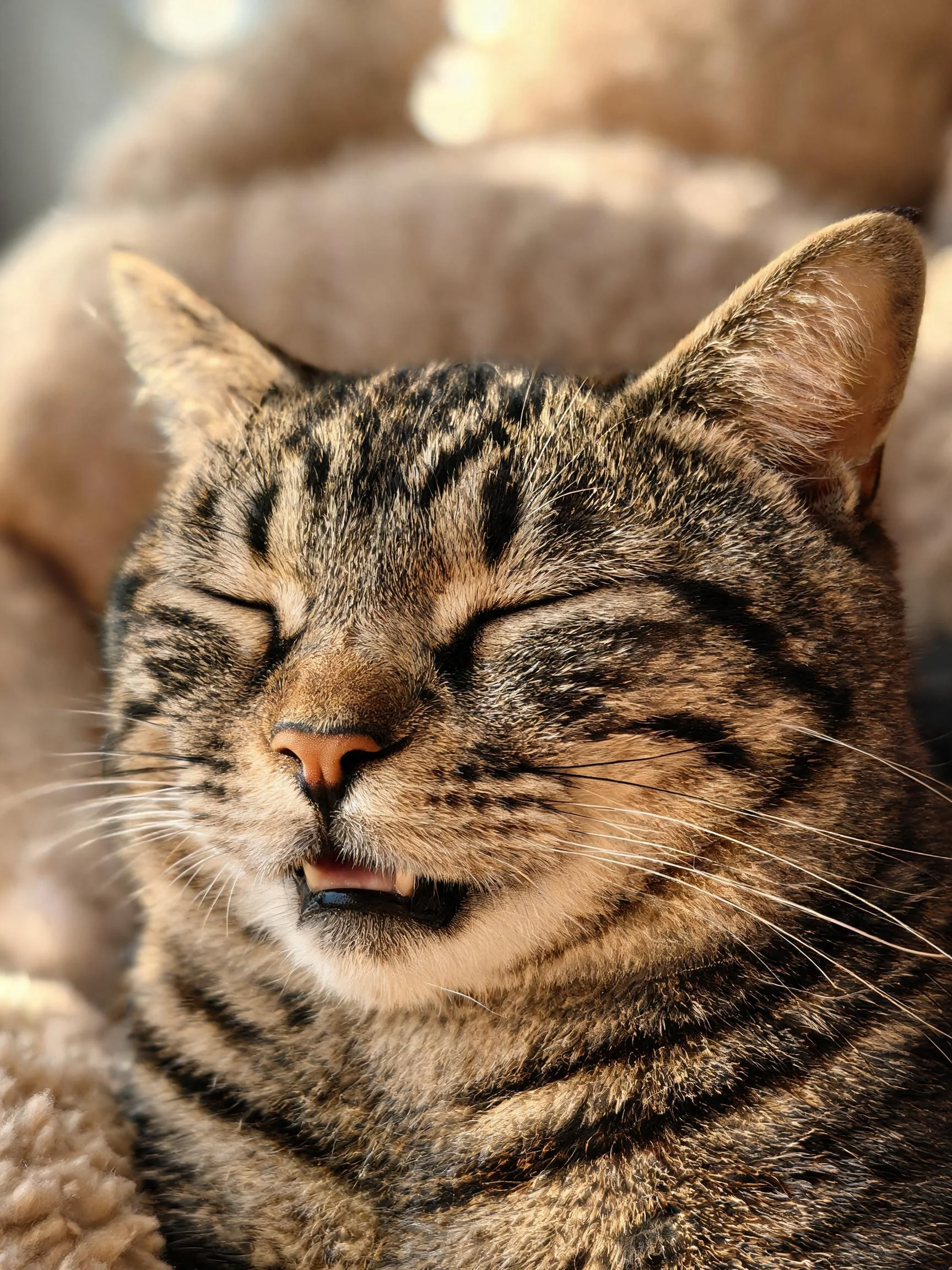 短毛虎斑猫闭眼舒展,毛发呈现典型虎斑纹理,胡须清晰可见。