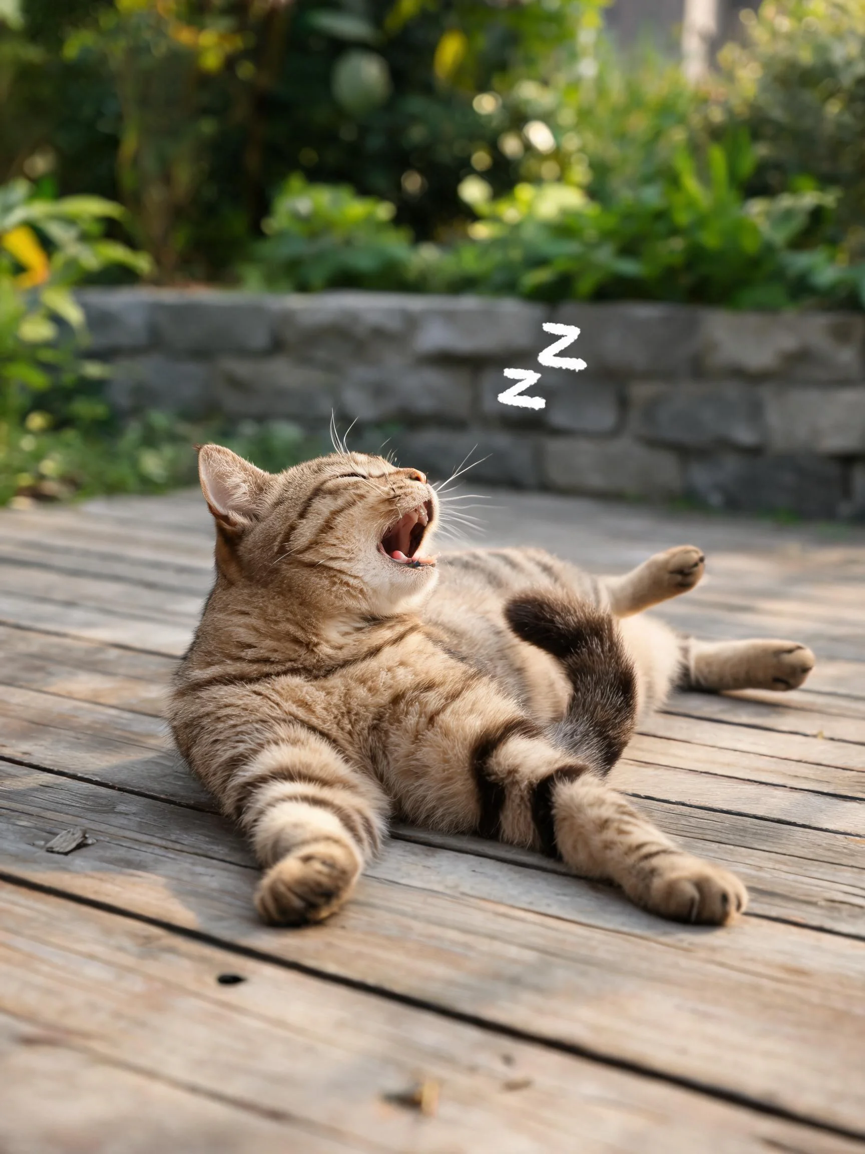 虎斑短毛猫嘴巴张开打哈欠,皮毛呈暖棕色带黑色条纹。