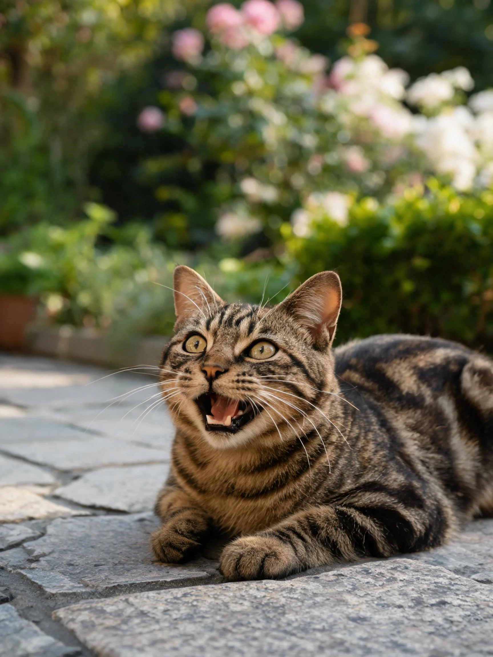 一只虎斑短毛猫趴在庭院石板地面上,嘴巴张开露出牙齿。