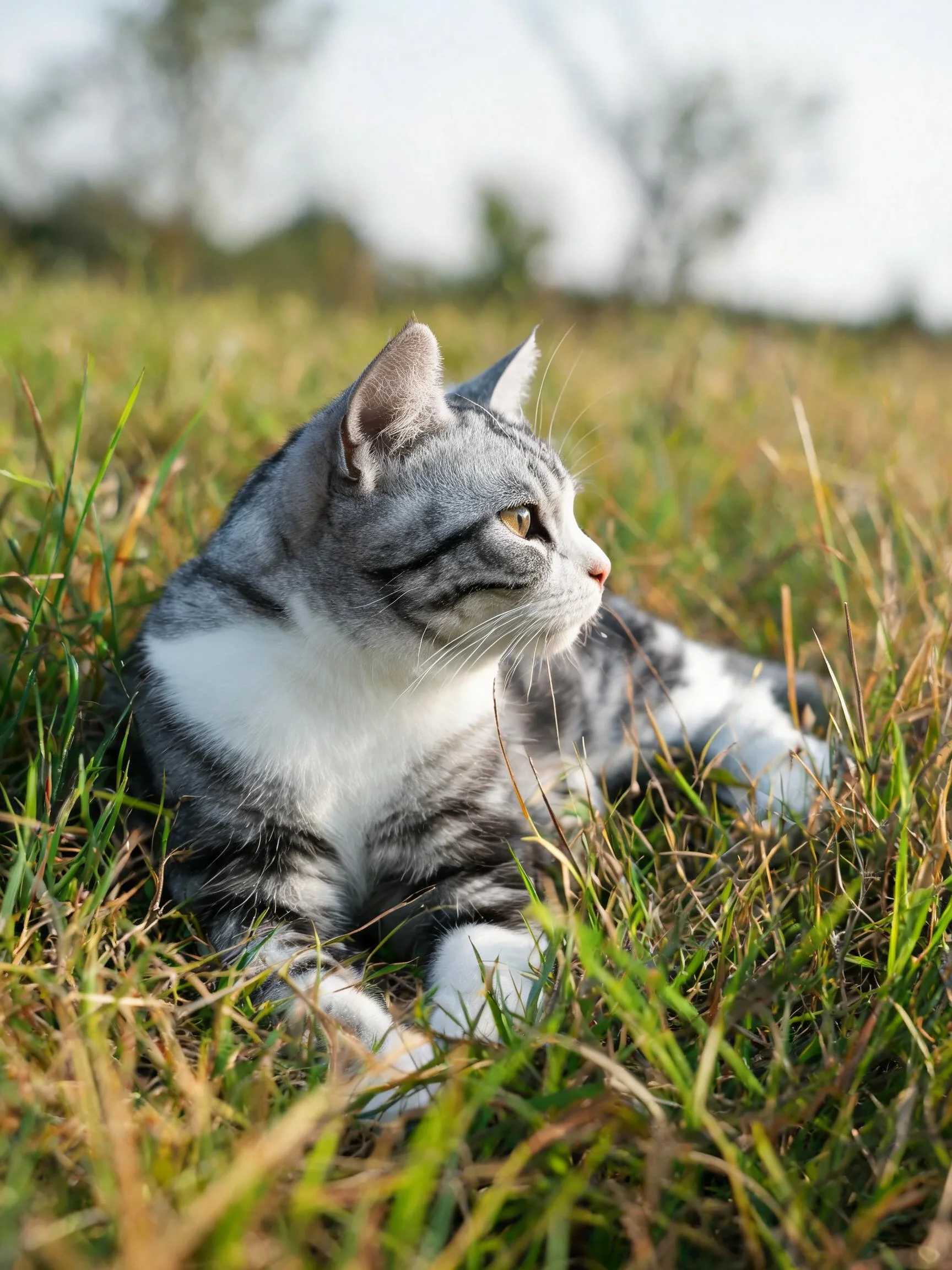 一只灰白虎斑短毛猫,其灰白相间的毛发带有黑色条纹,安静地趴在草地上,周围是绿色的草茎。