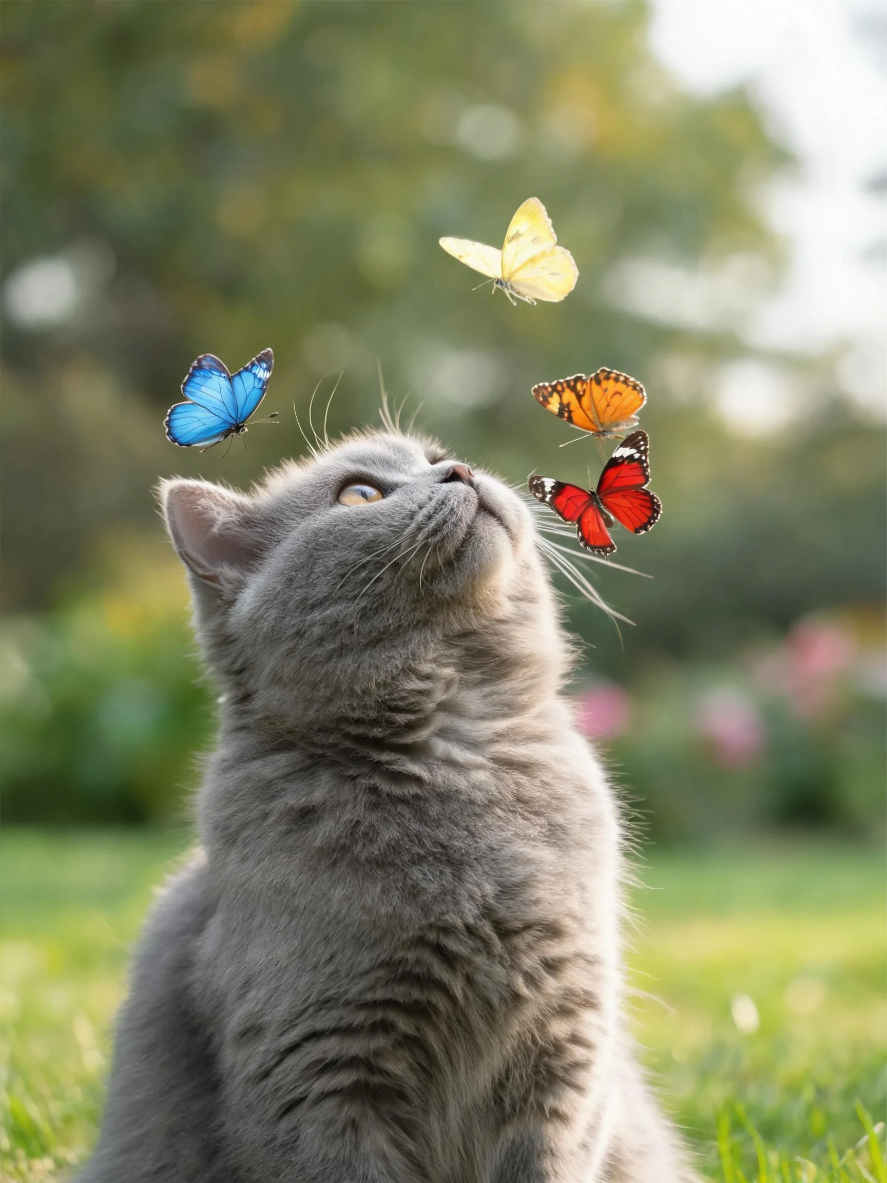 英国短毛猫凝视着空中色彩丰富的蝴蝶,银灰色毛发清晰可见。