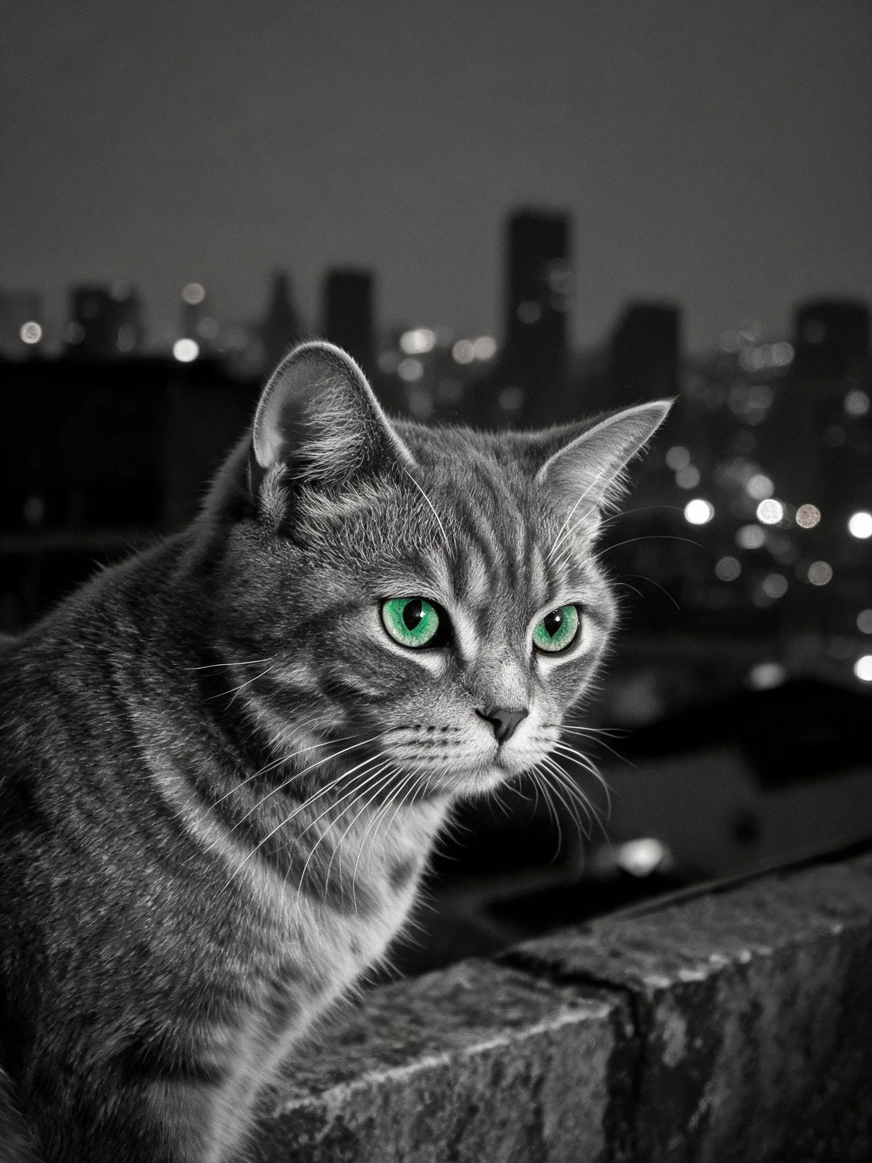 短毛虎斑猫有着绿色眼睛,趴在石质边缘处凝视城市夜景。