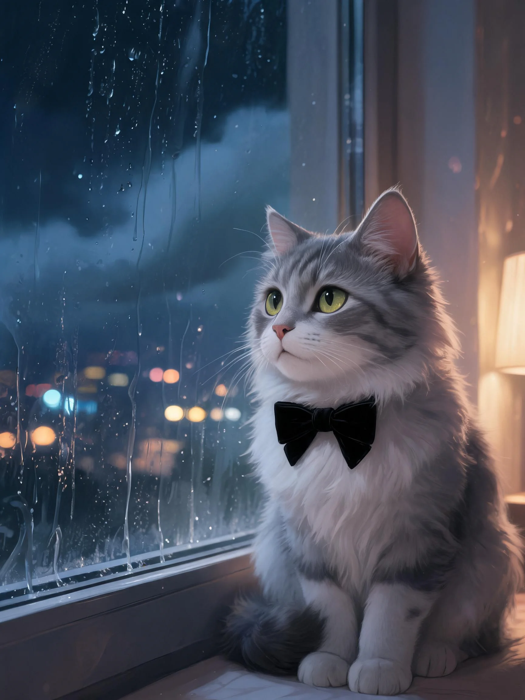 长毛缅因猫有着灰白相间的被毛和翠绿色眼睛,正凝视窗外雨夜的景象,玻璃上有雨水痕迹。