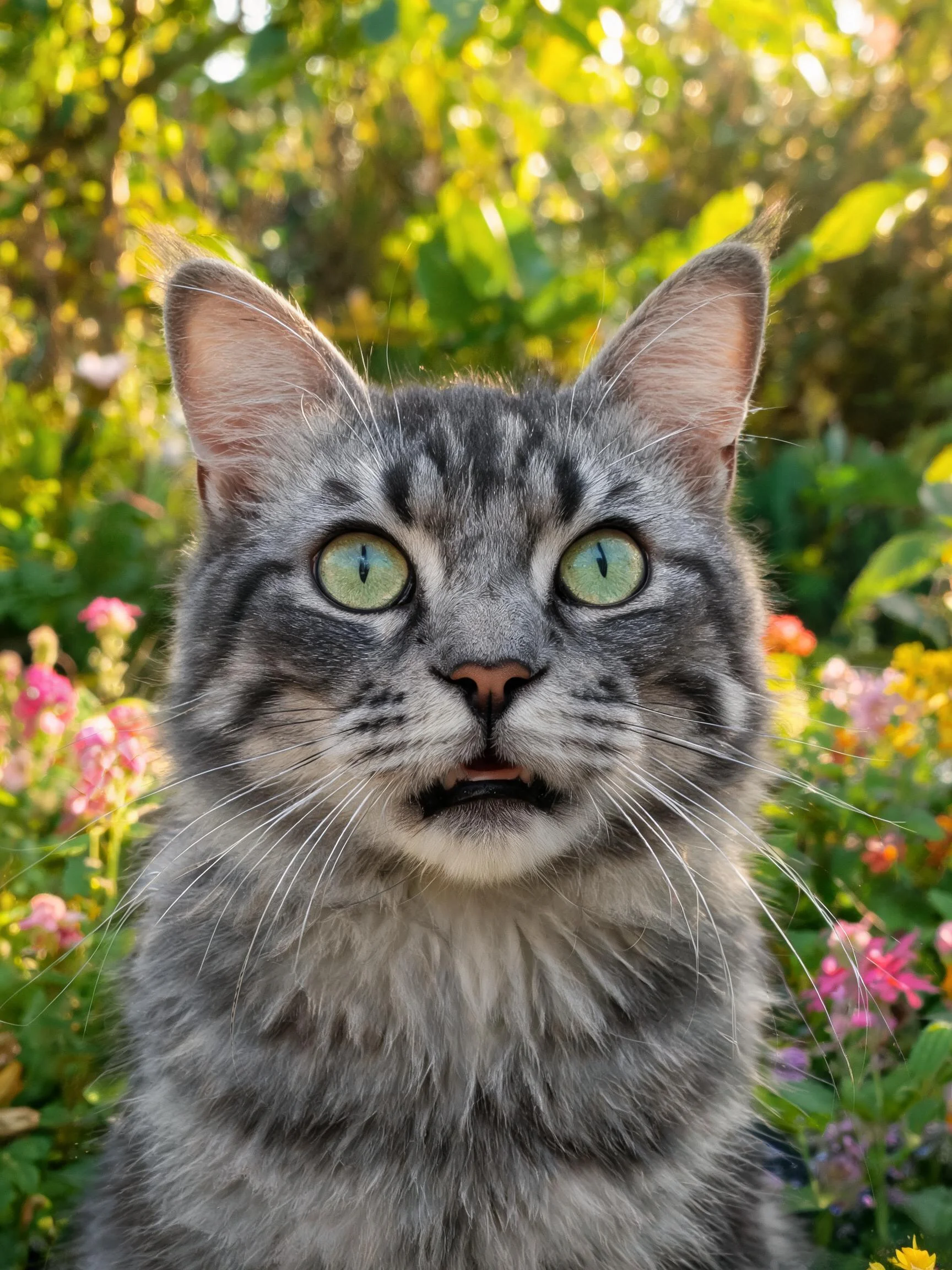 灰虎斑缅因猫绿色大眼睛圆睁,灰色虎斑皮毛清晰可见。
