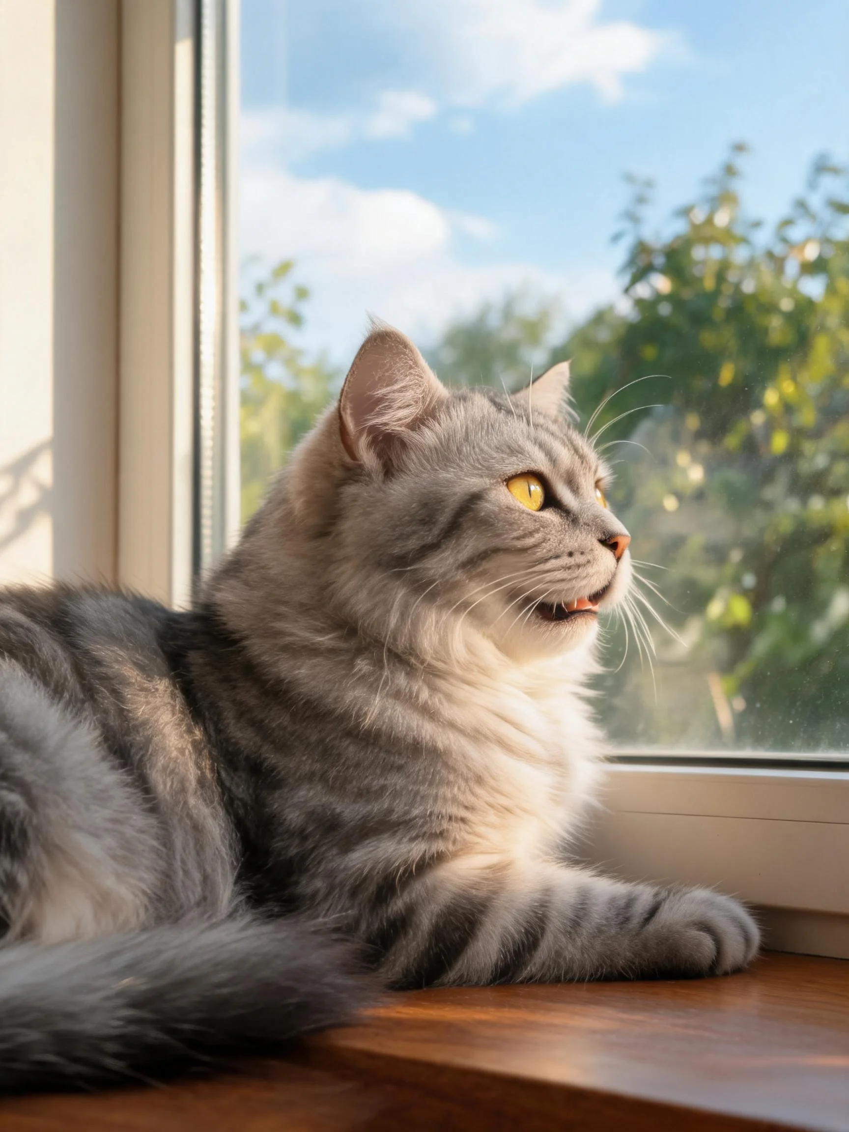 银虎斑长毛猫正安静趴在窗台上,黄色眼睛明亮,虎斑纹理清晰,毛发蓬松柔软。