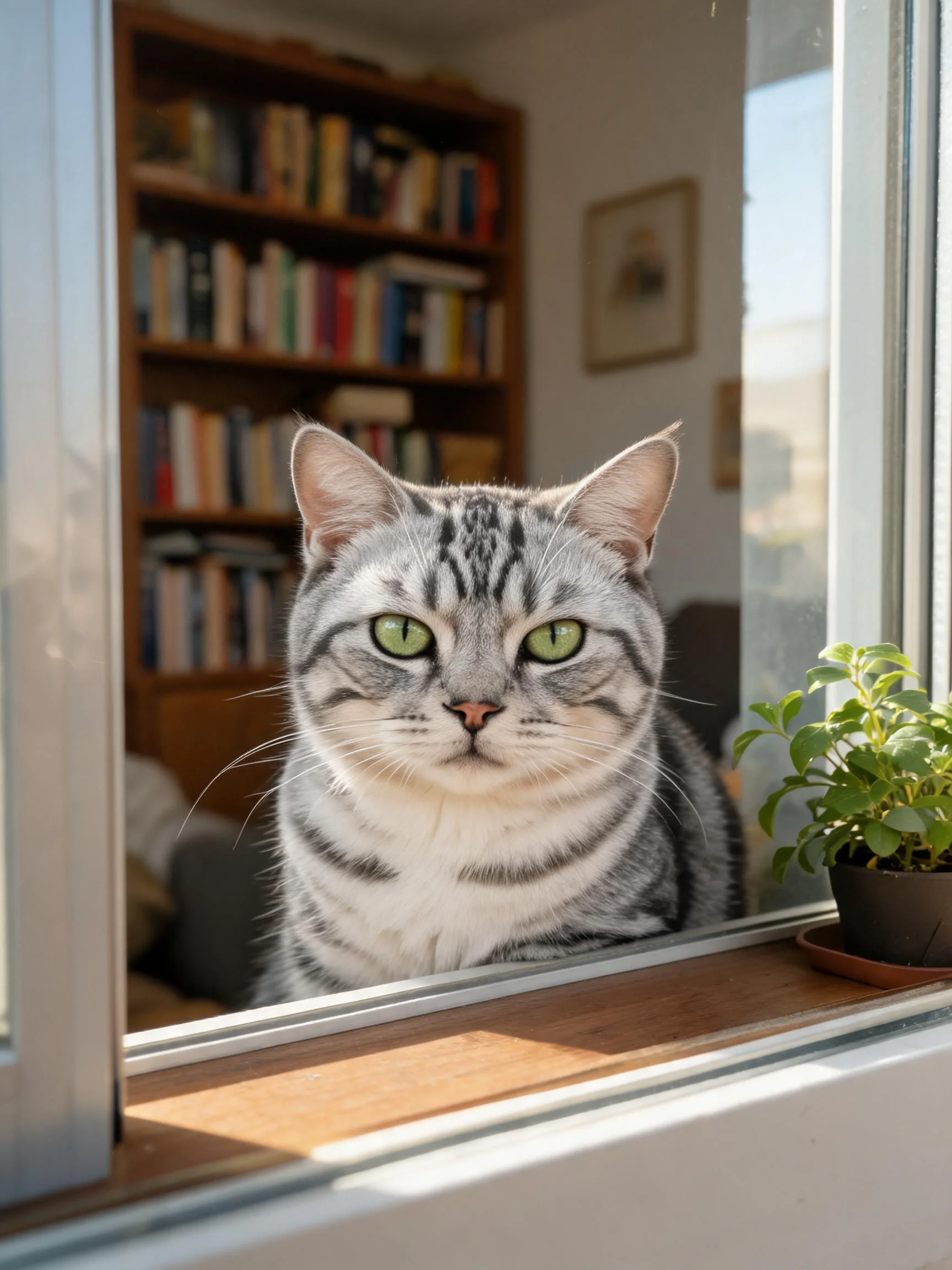 银色虎斑短毛猫有着清晰条纹花纹与翠绿色眼睛,安静坐在窗边注视镜头。