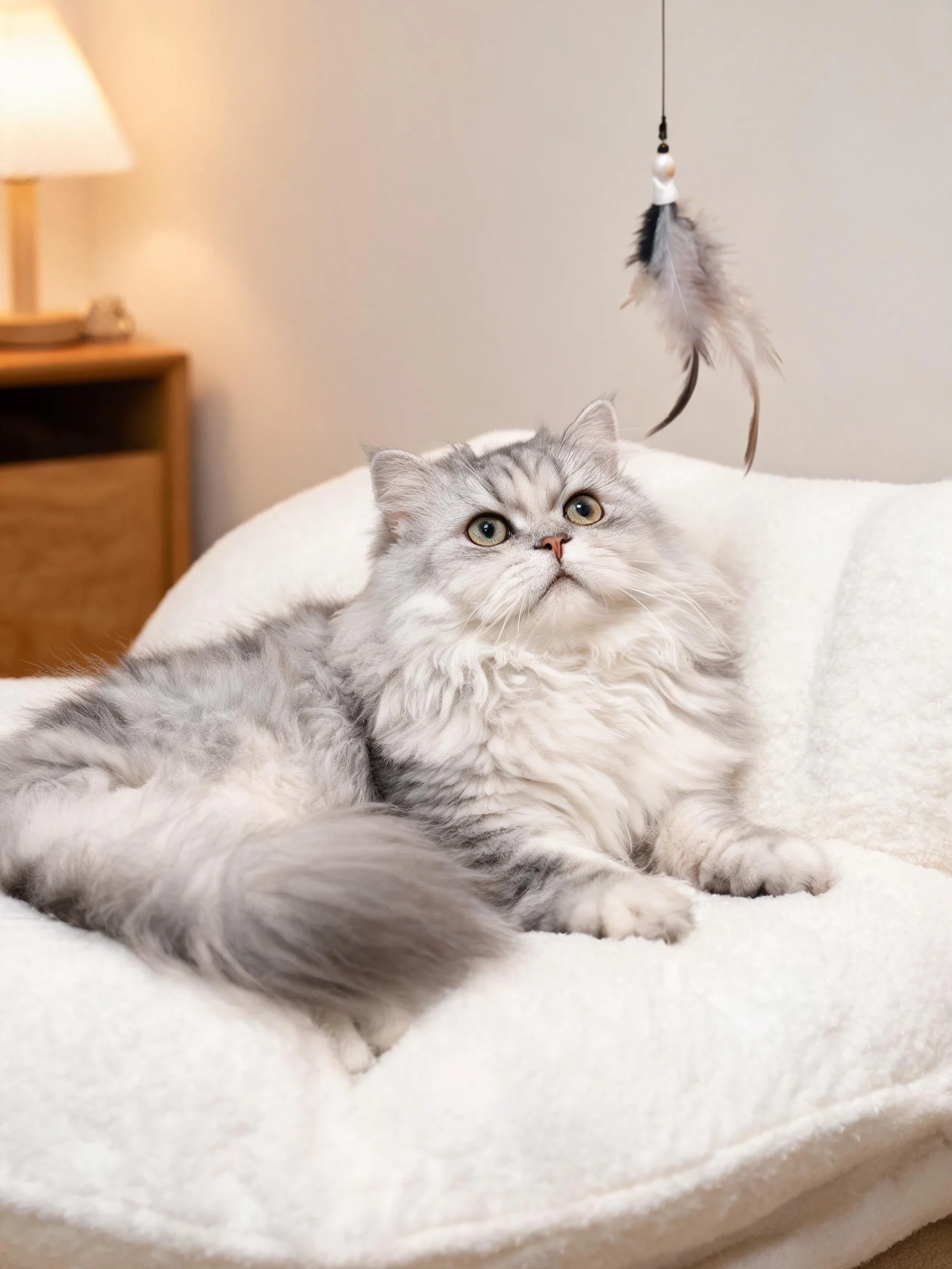 银渐层英国长毛猫注视着上方悬挂的羽毛玩具,毛发蓬松柔软呈灰白相间色。
