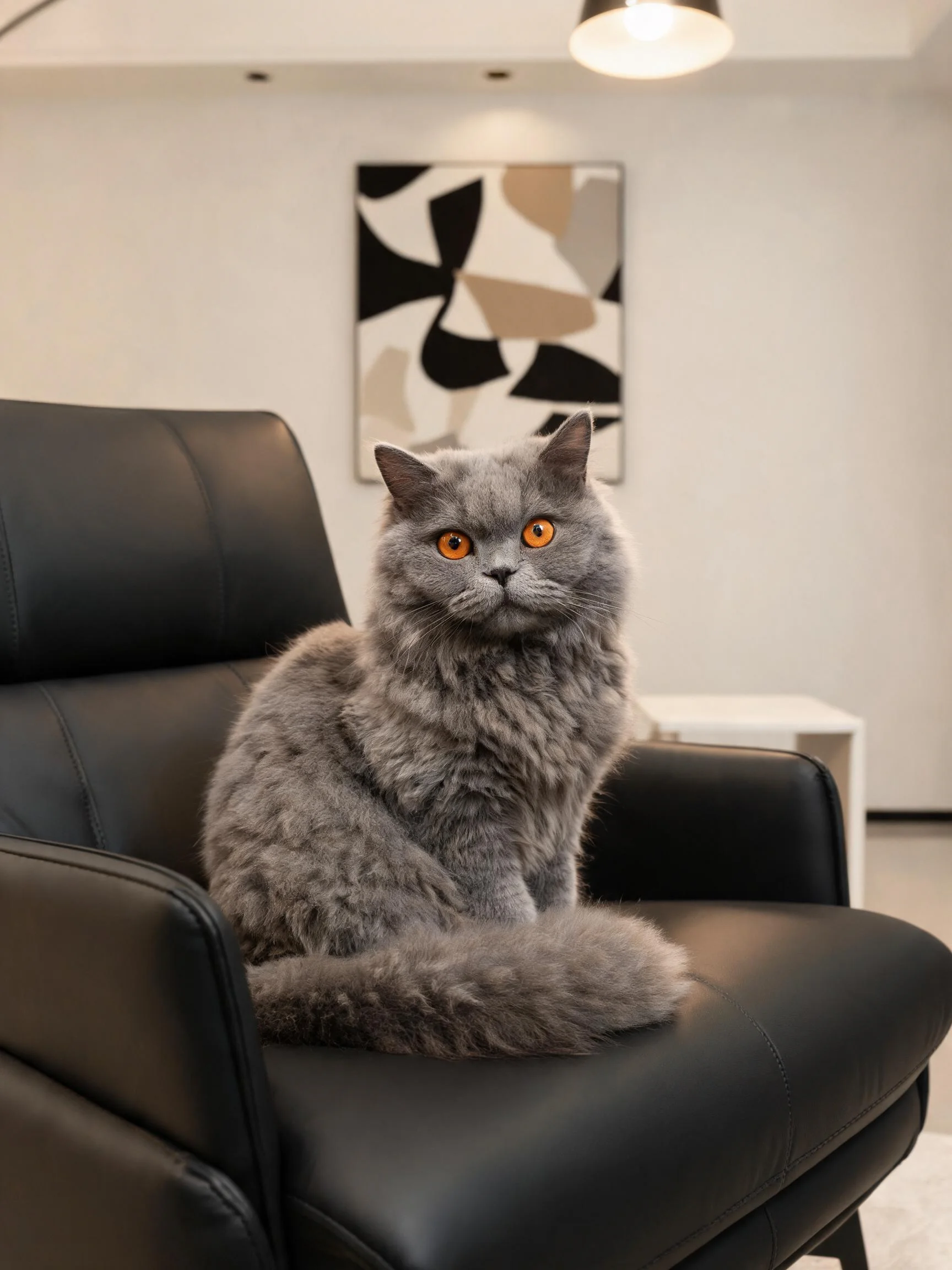 英短蓝猫有着蓬松的灰色毛发和明亮的橙色眼睛,正安静地坐在黑色皮椅上。