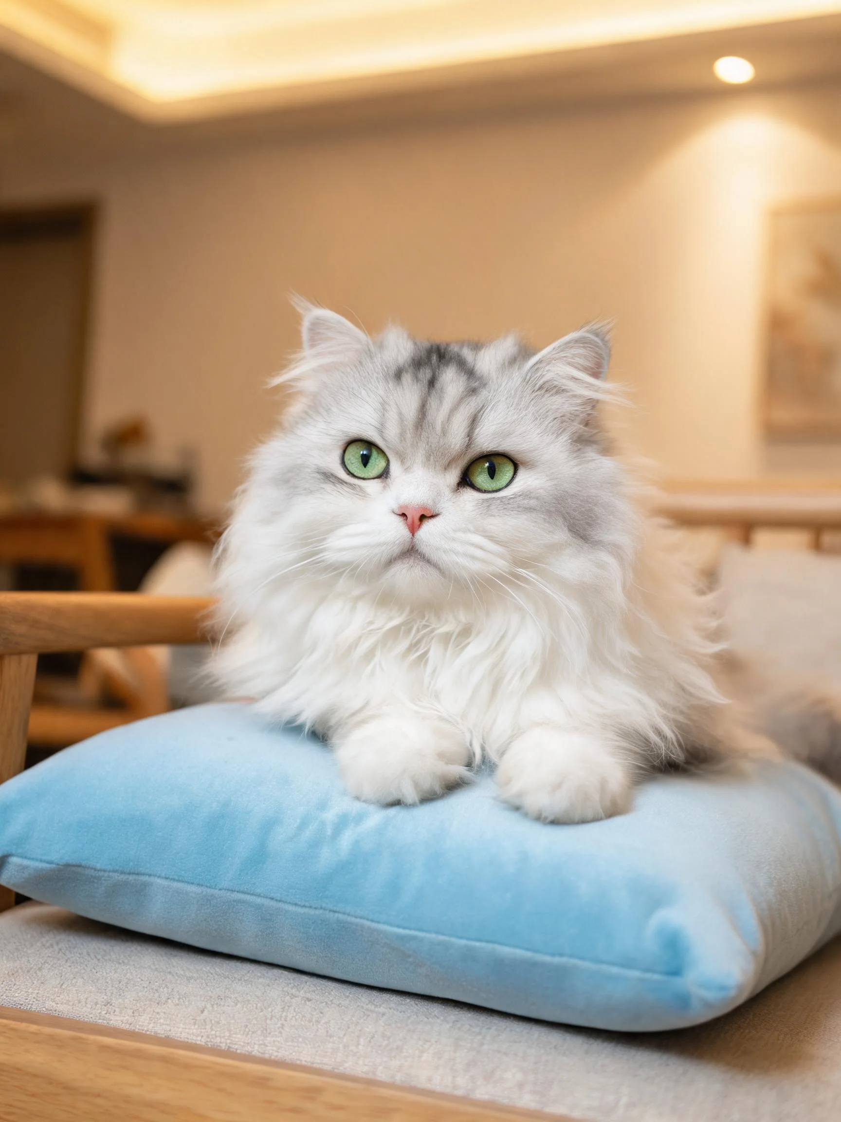 长毛银渐层猫有着蓬松的灰白毛发与翠绿色眼睛,正安静地趴在蓝色软垫上。