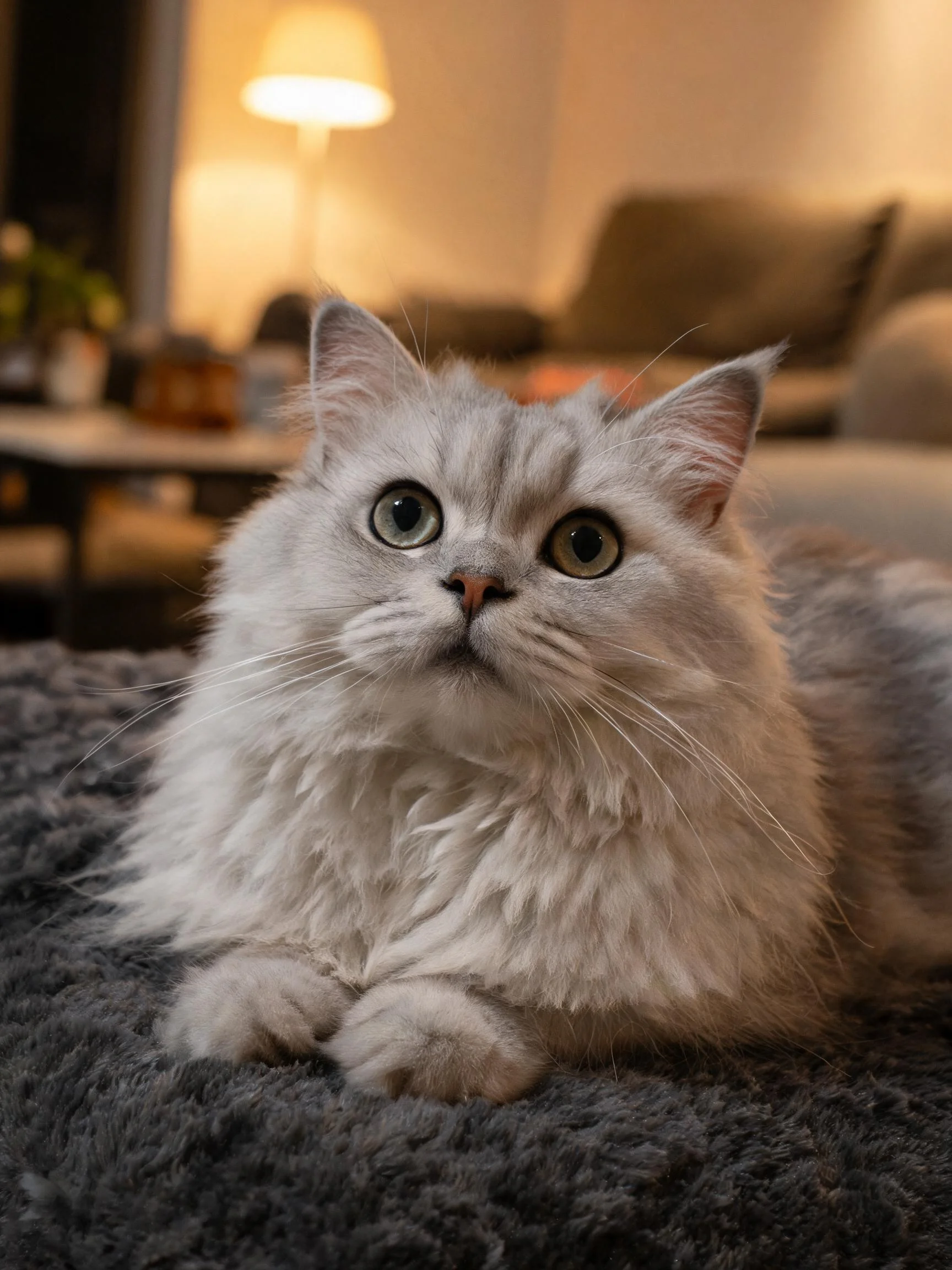 英国长毛猫有着蓬松柔软的白色被毛,前爪轻放于深灰色绒面软垫上。