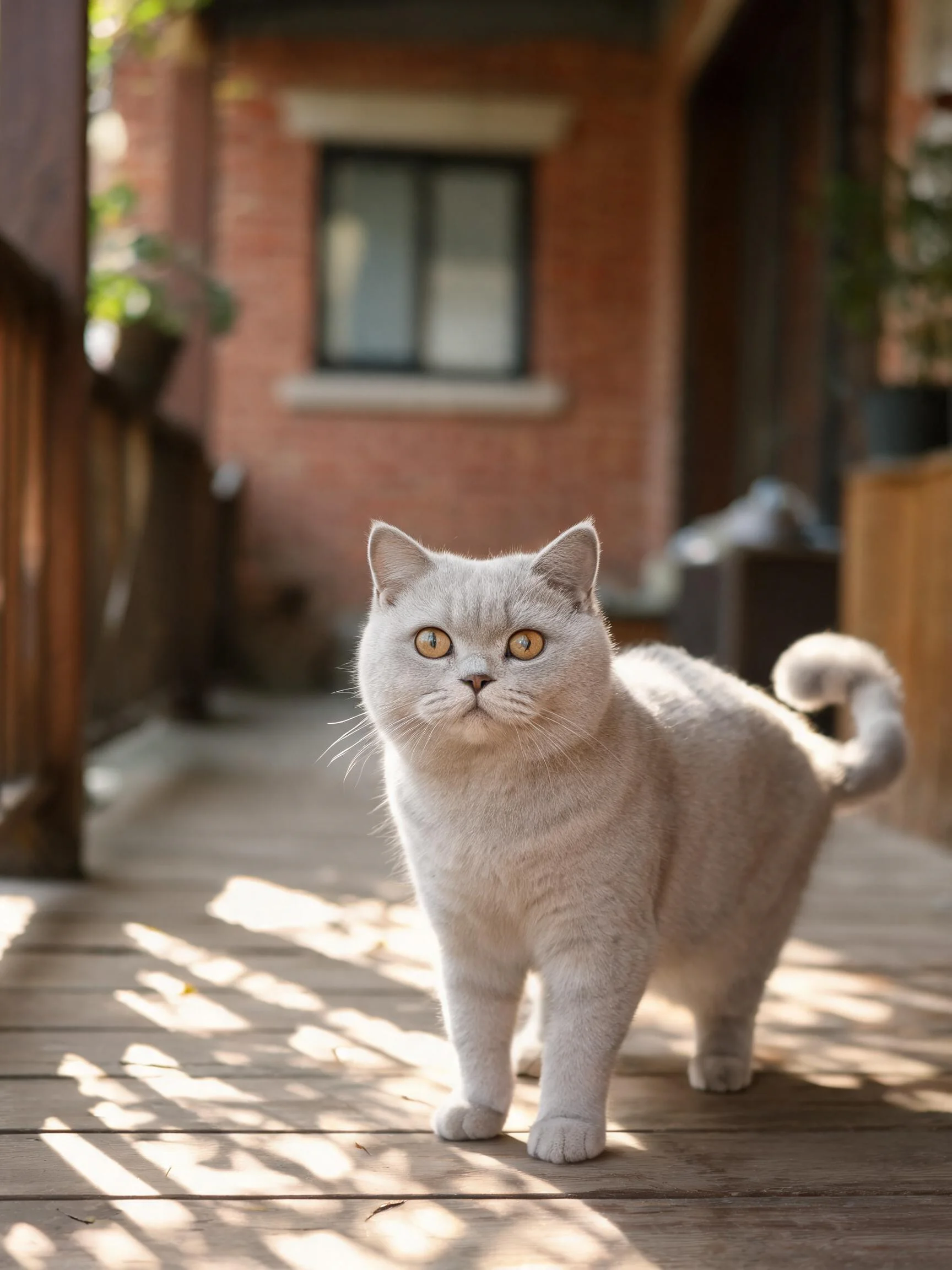 一只英国短毛猫,有着柔软蓬松的银灰色被毛,正站在庭院木质平台上。