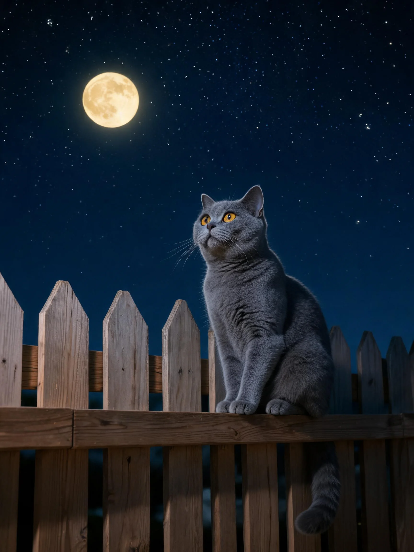 一只英国短毛猫有着浓密灰色被毛和明亮黄色眼睛,正坐在木栅栏上仰望夜空。