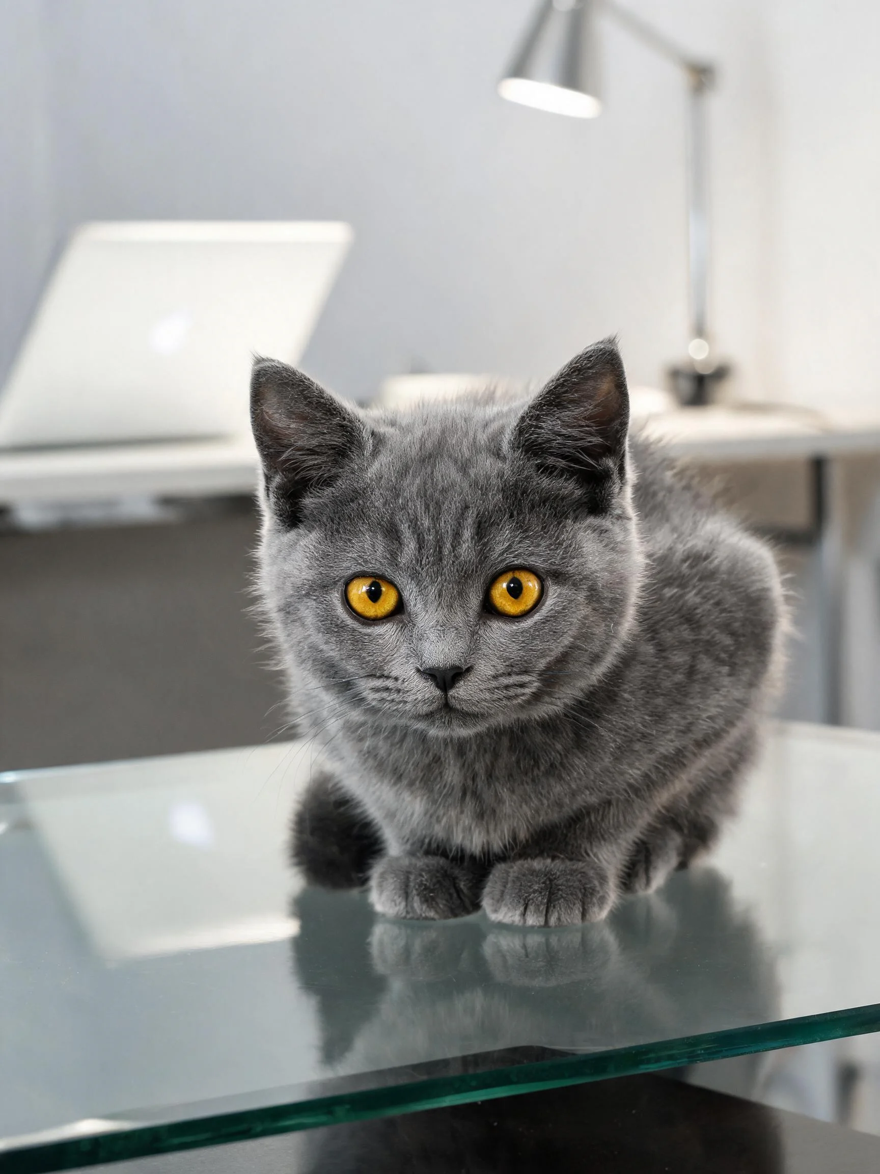一只英国短毛猫有着明亮的黄色眼睛和浓密灰色短毛,正安静地趴在透明玻璃桌面上。