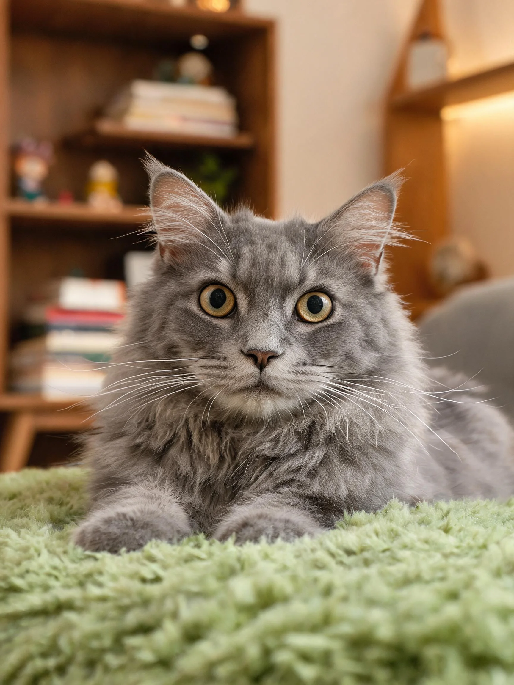 一只灰色长毛缅因猫趴在绿色绒面软垫上,双眼圆睁注视镜头,毛发蓬松柔软。